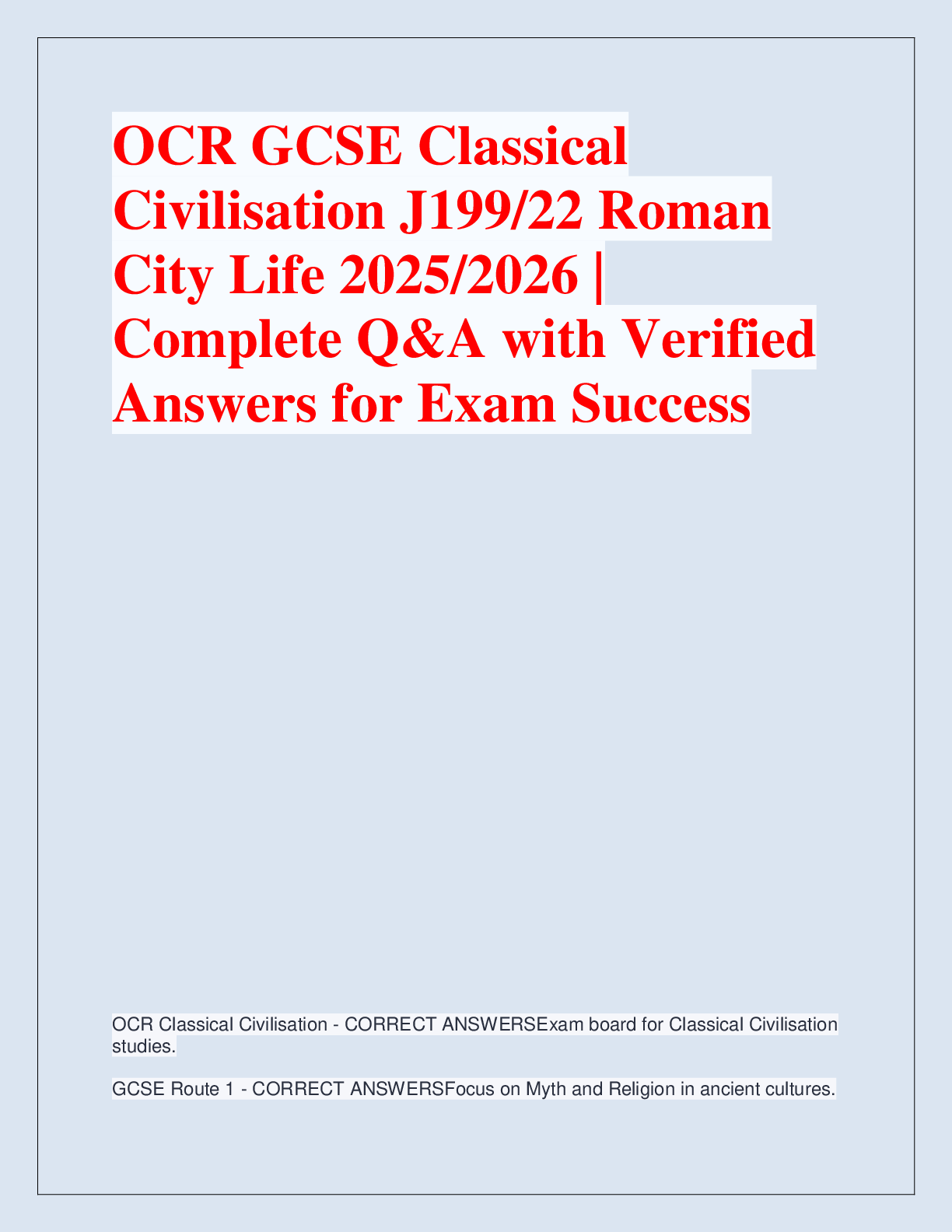 Preview of OCR GCSE Classical  Civilisation J199/22 Roman  City Life 2025/2026 |  Complete Q&A with V