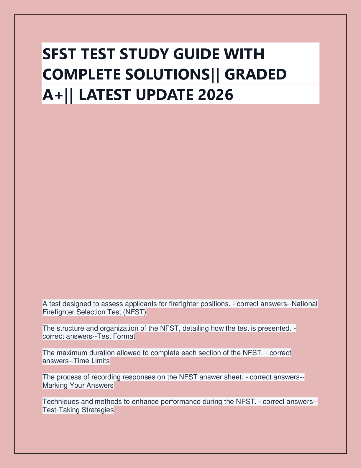 Recommended document preview for SFST TEST STUDY GUIDE WITH  COMPLETE SOLUTIONS|| GRADED  A+|| LATEST UPDATE 2026