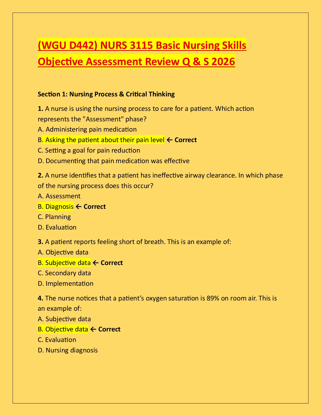 Recommended document preview for (WGU D442) NURS 3115 Basic Nursing Skills  Objective Assessment Review Q & S 2026