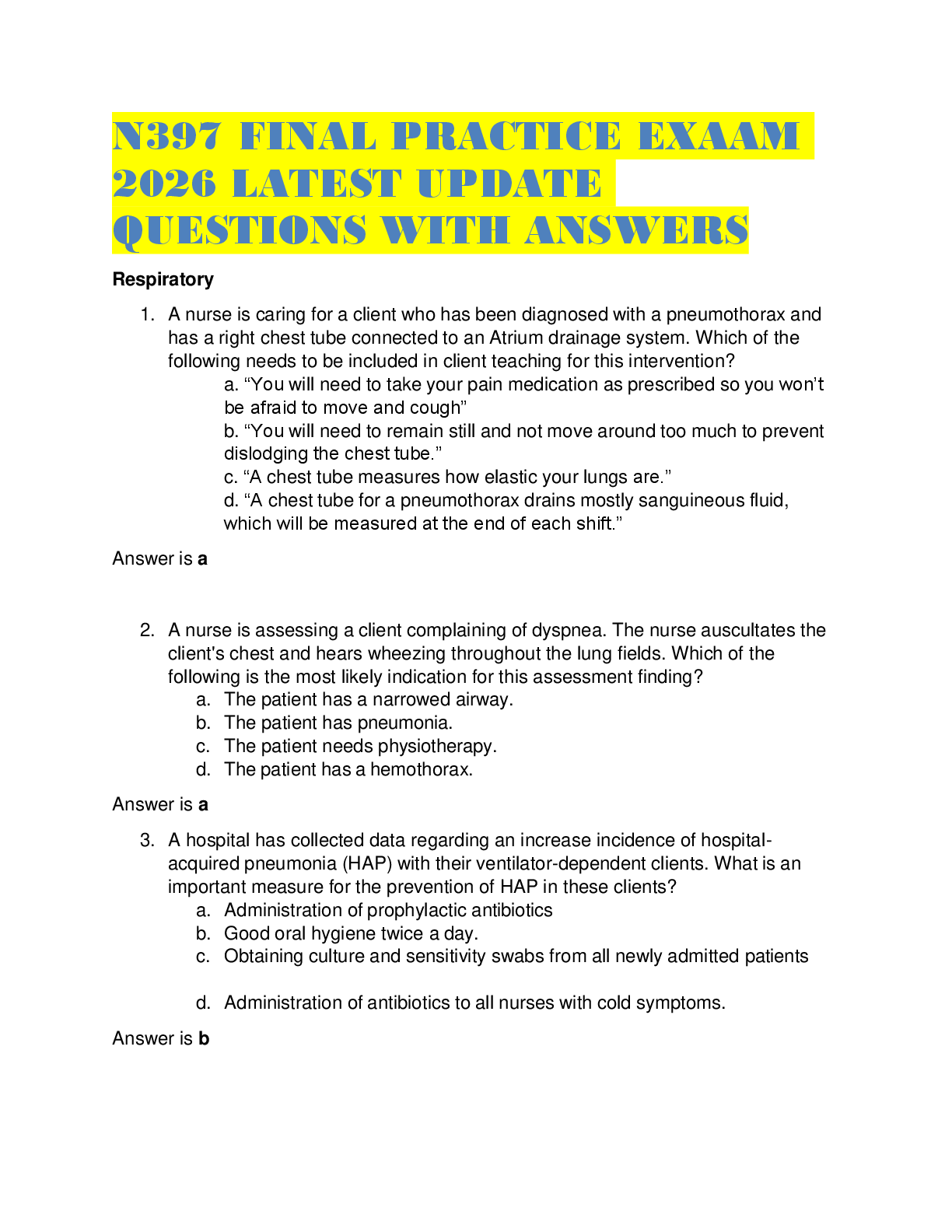 Preview image for N397 FINAL PRACTICE EXAM 2026 LATEST UPDATE QUESTIONS WITH ANSWERS