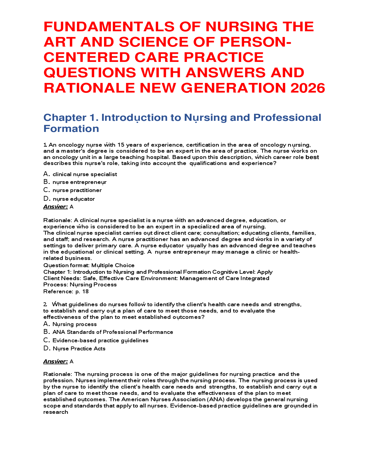 Recommended document preview for FUNDAMENTALS OF NURSING THE ART AND SCIENCE OF PERSON-CENTERED CARE PRACTICE QUESTIONS WITH ANSWERS AND RATIONALE NEW GENERATION 2026