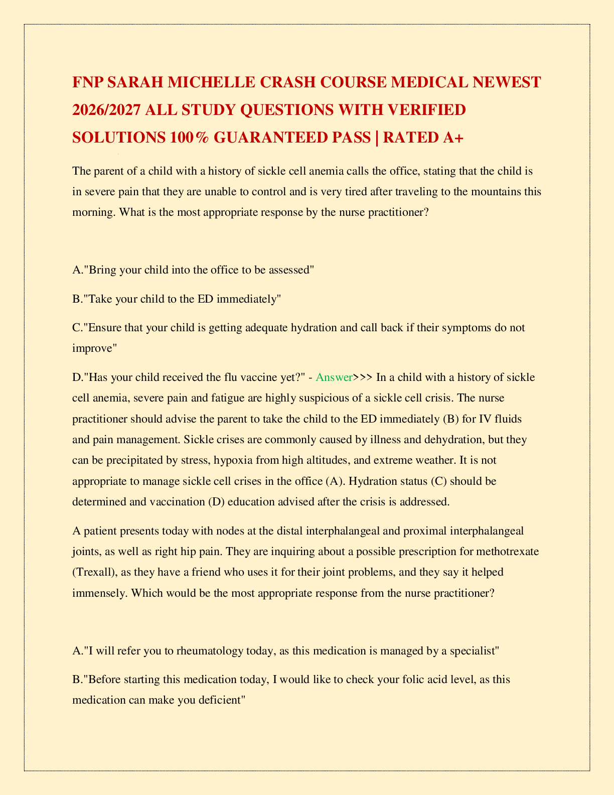 Recommended document preview for FNP SARAH MICHELLE CRASH COURSE MEDICAL NEWEST 2026/2027 ALL STUDY QUESTIONS WITH VERIFIED SOLUTIONS 100% GUARANTEED PASS | RATED A+