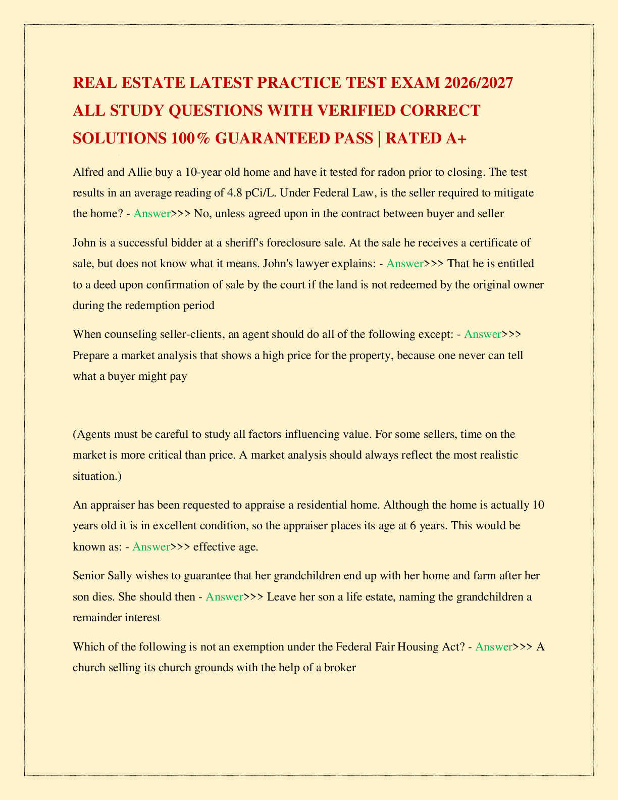 Recommended document preview for REAL ESTATE LATEST PRACTICE TEST EXAM 2026/2027 ALL STUDY QUESTIONS WITH VERIFIED CORRECT SOLUTIONS 100% GUARANTEED PASS | RATED A+