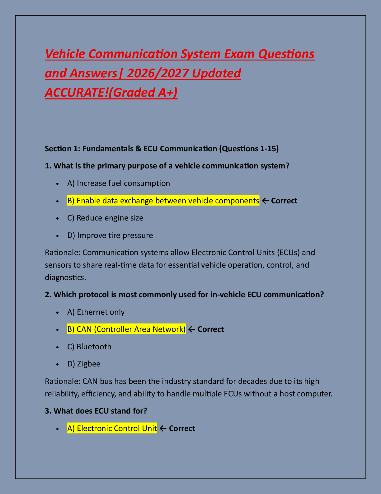 Preview of Vehicle Communication System Exam Questions  and Answers| 2026/2027 Updated  ACCURATE!(Gra