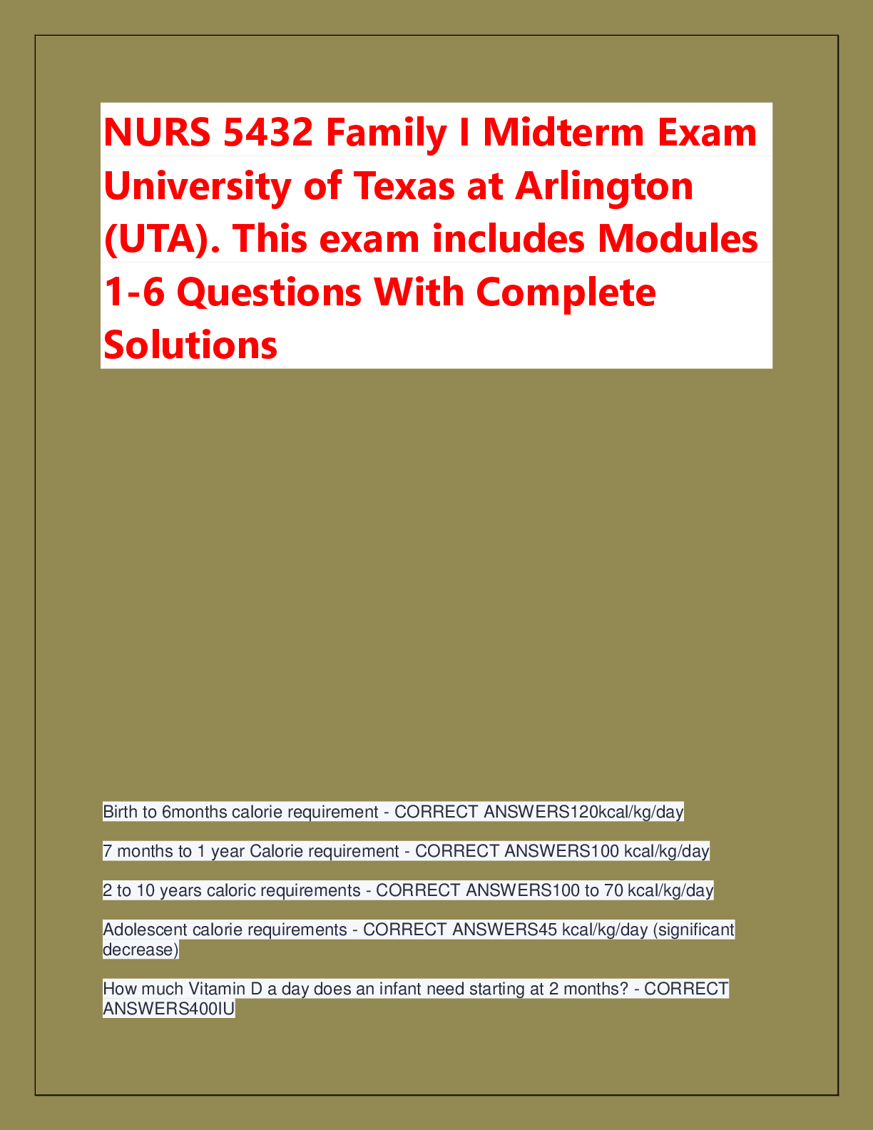 Preview of NURS 5432 Family I Midterm Exam  University of Texas at Arlington  (UTA). This exam includ