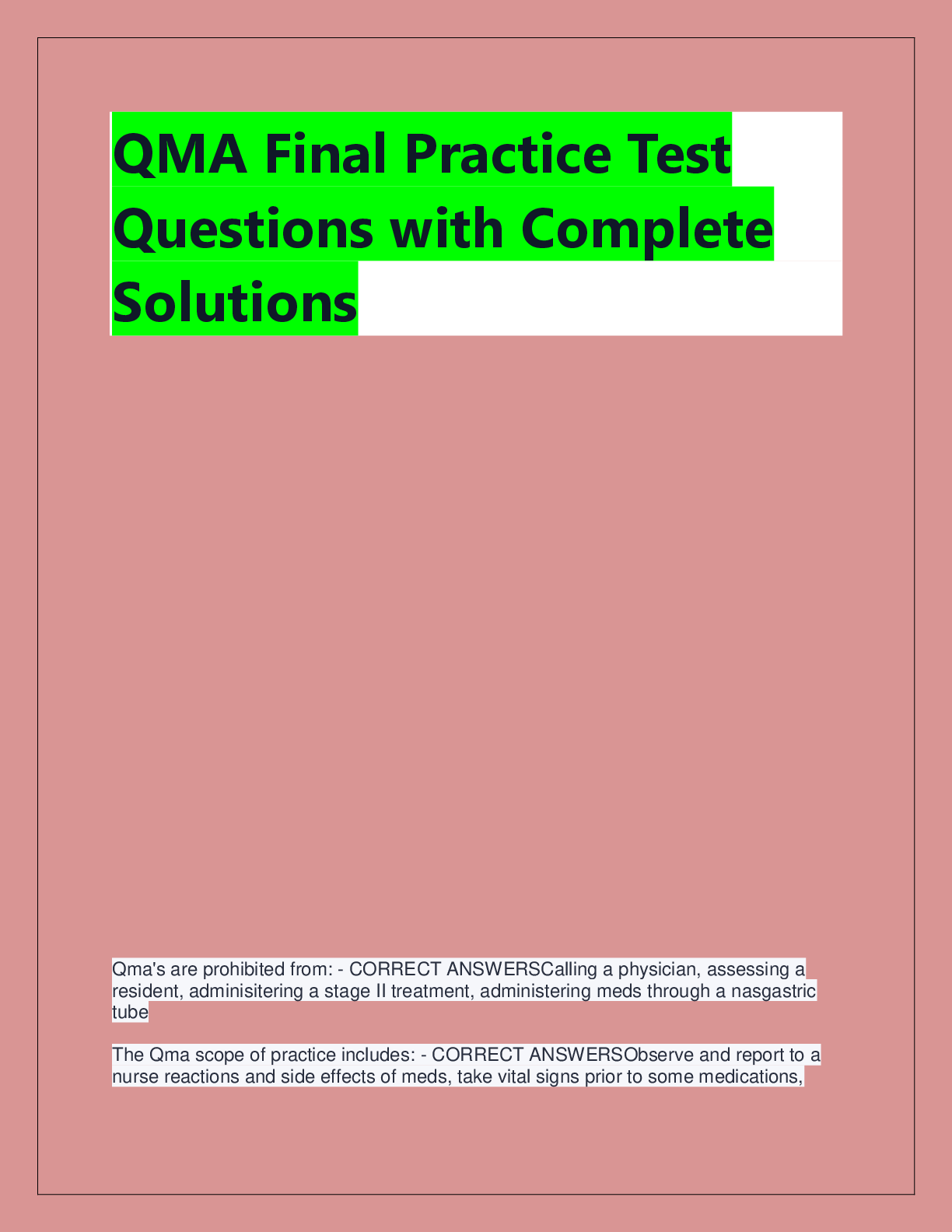 Preview of QMA Final Practice Test  Questions with Complete  Solutions