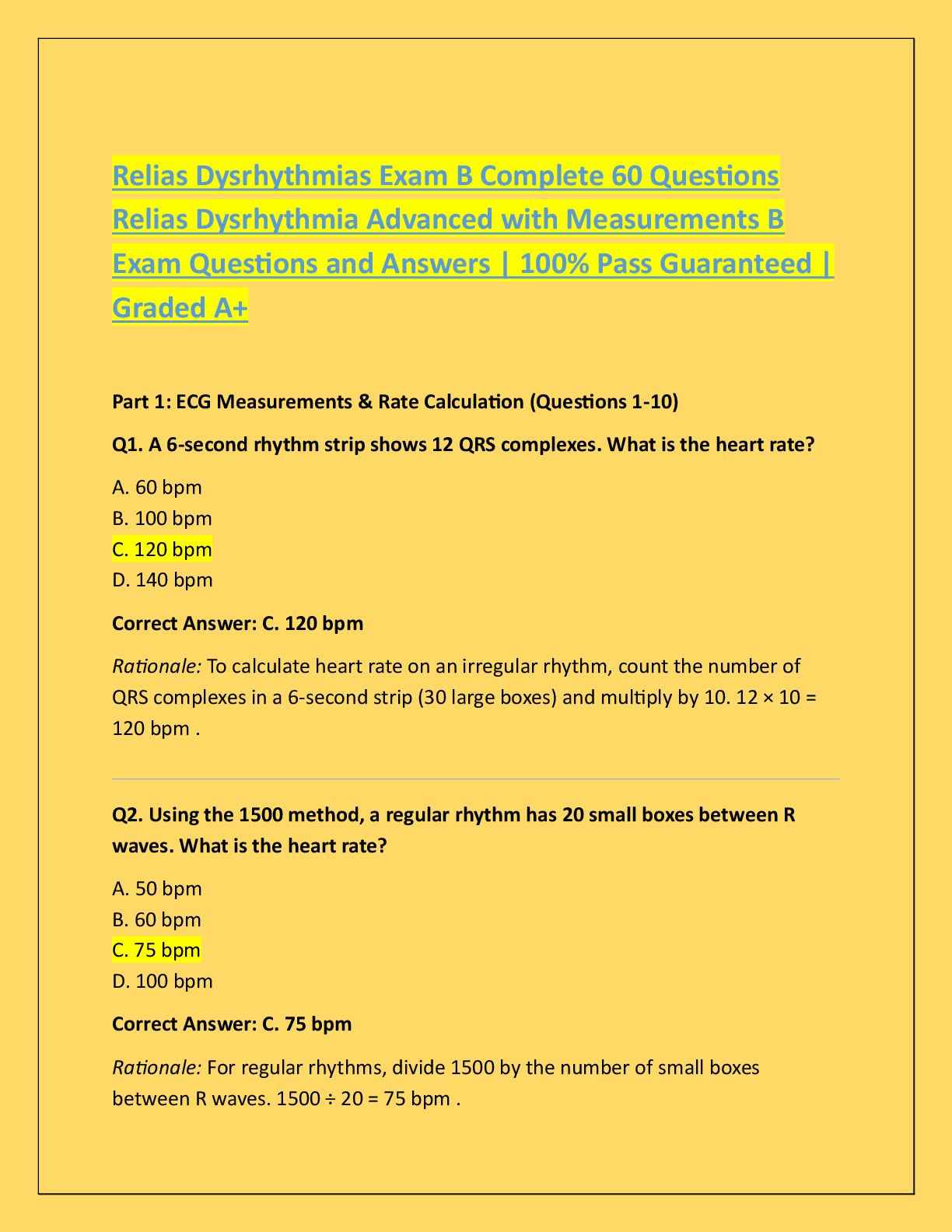 Preview of Relias Dysrhythmias Exam B Complete 60 Questions  Relias Dysrhythmia Advanced with Measure