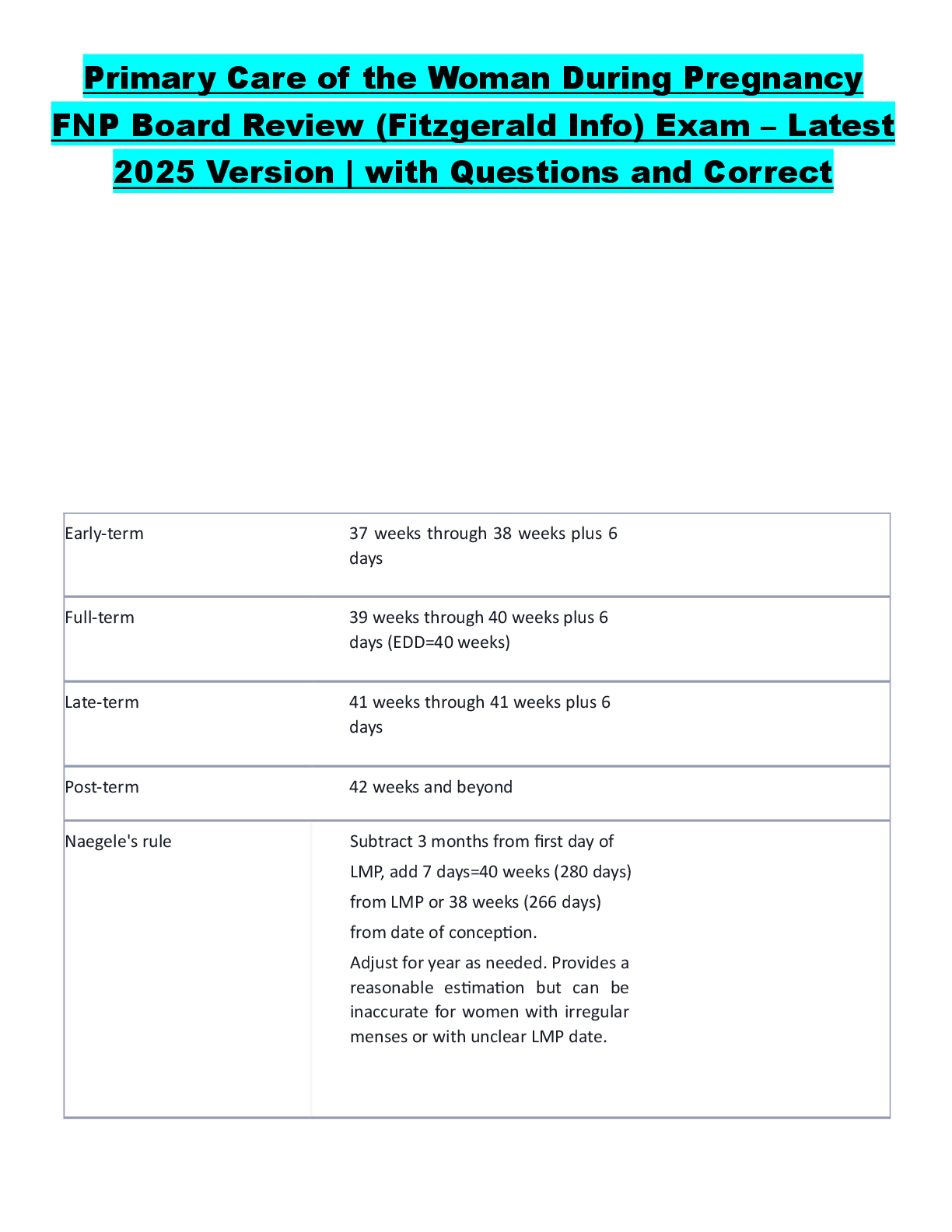 Preview image for Primary Care of the Woman During Pregnancy  FNP Board Review (Fitzgerald Info) Exam – Latest  2025 Version | with Questions and Correct