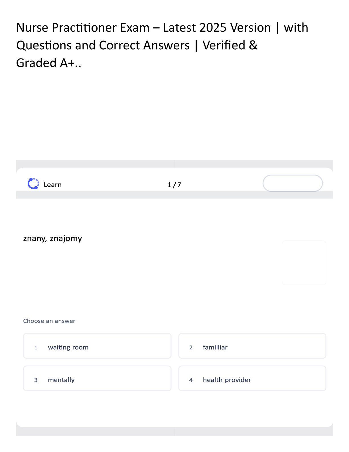 Preview image for Nurse Practitioner Exam – Latest 2025 Version | with  Questions and Correct Answers | Verified &  Graded A+..