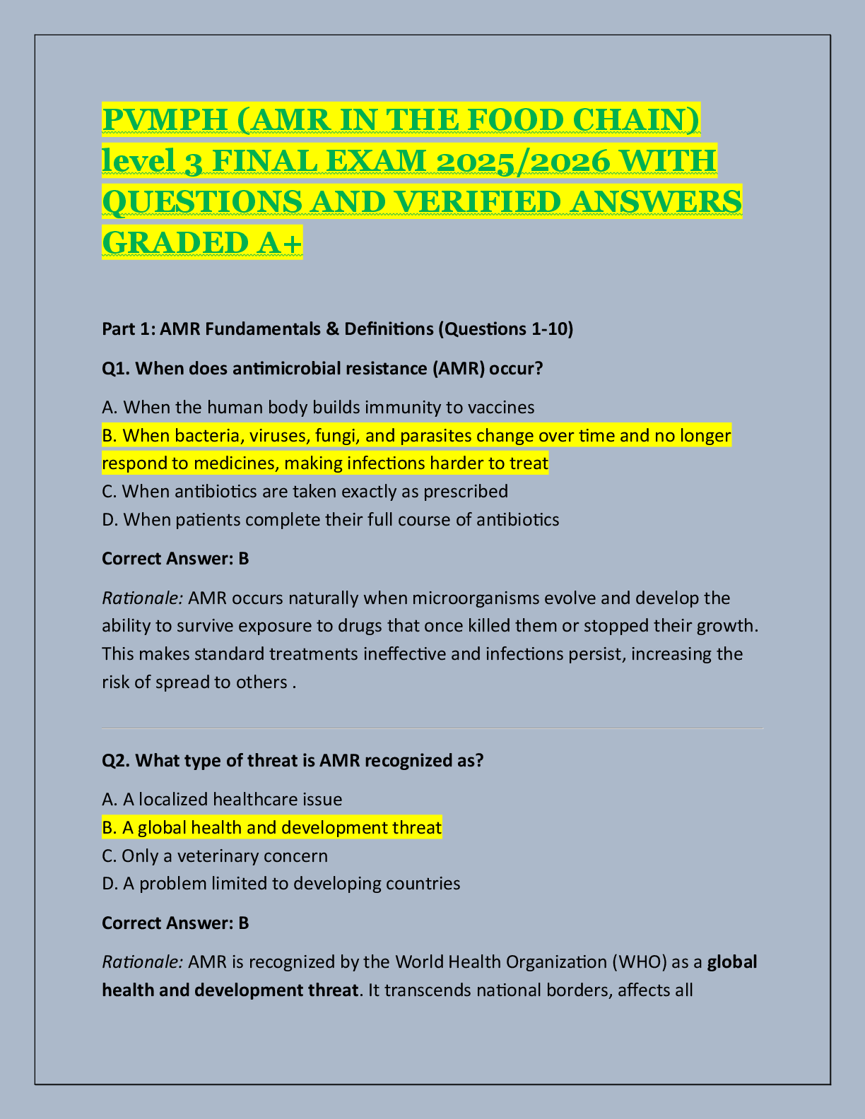 Preview of PVMPH (AMR IN THE FOOD CHAIN)  level 3 FINAL EXAM 2025/2026 WITH  QUESTIONS AND VERIFIED A