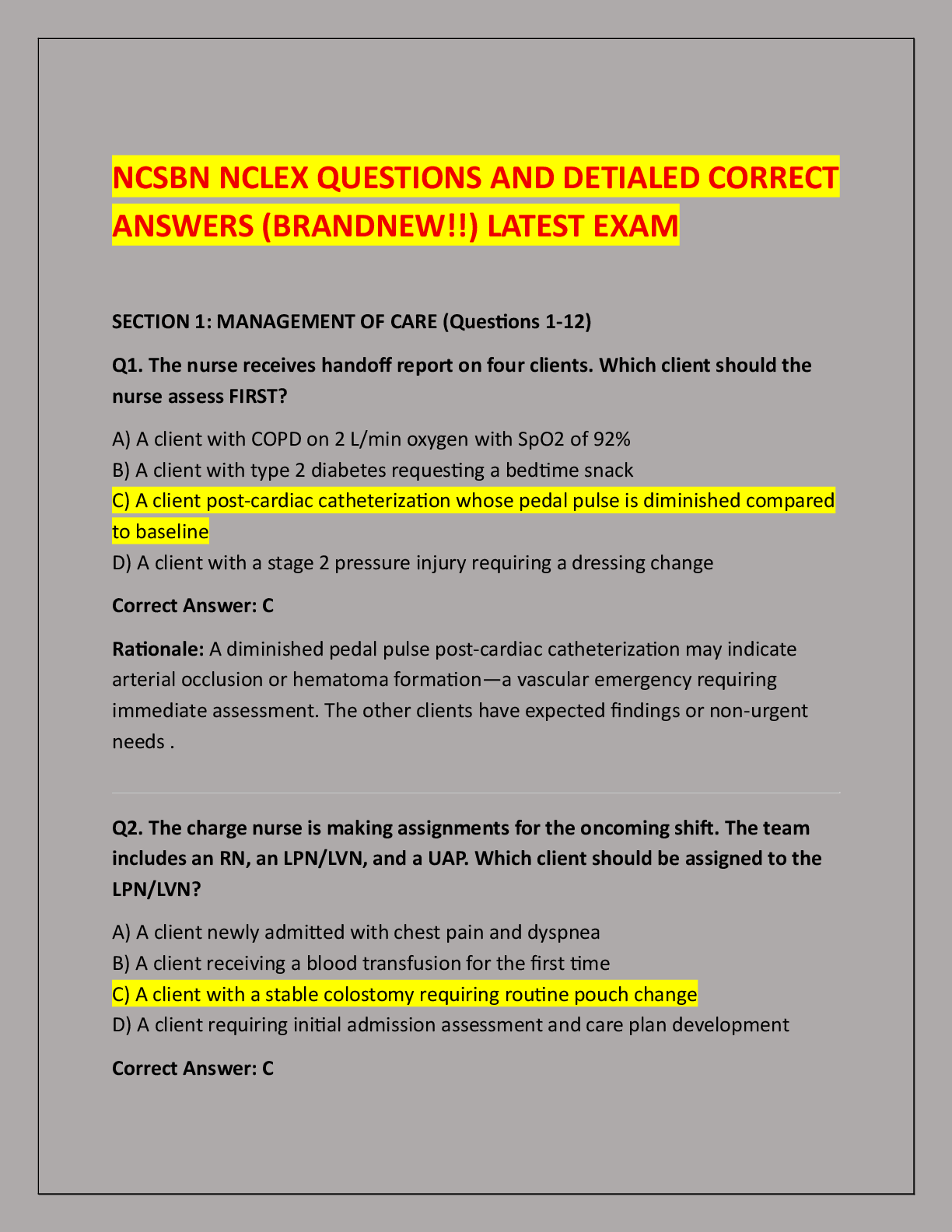 NCSBN NCLEX QUESTIONS AND DETIALED CORRECT  ANSWERS (BRANDNEW!!) LATEST EXAM