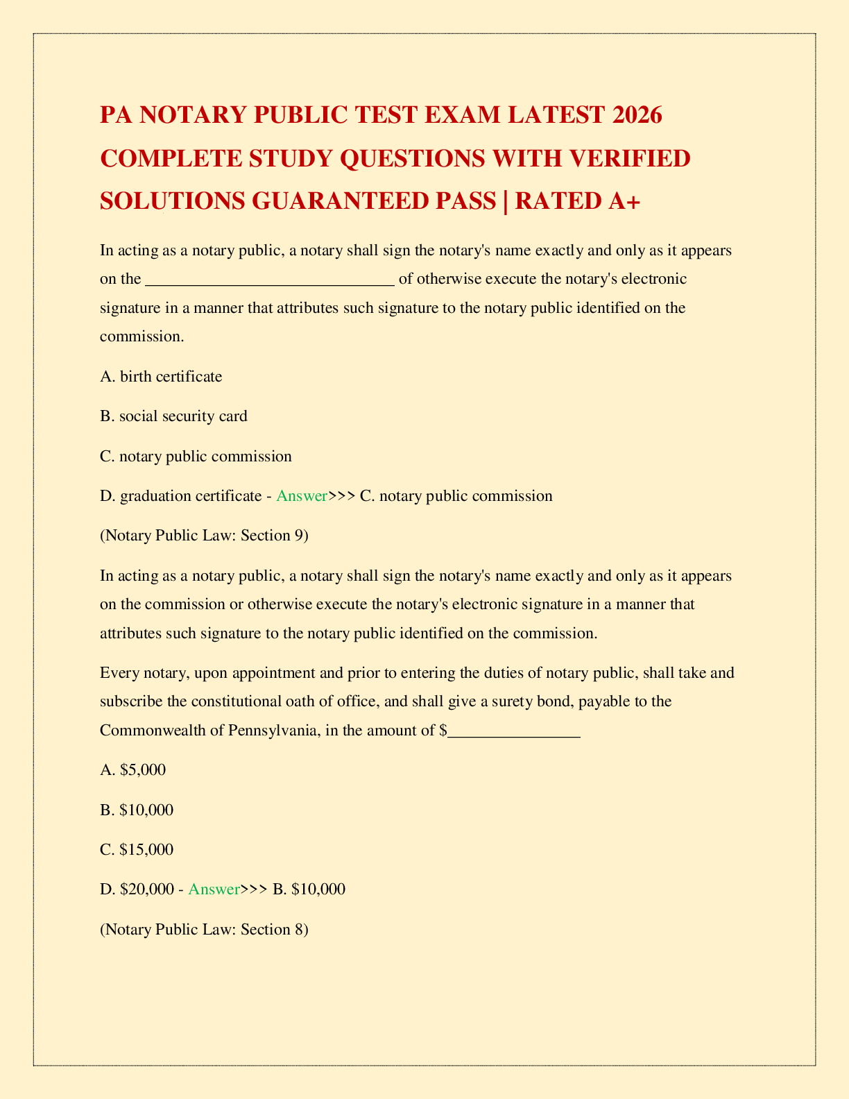 Recommended document preview for PA NOTARY PUBLIC TEST EXAM LATEST 2026 COMPLETE STUDY QUESTIONS WITH VERIFIED SOLUTIONS GUARANTEED PASS | RATED A+