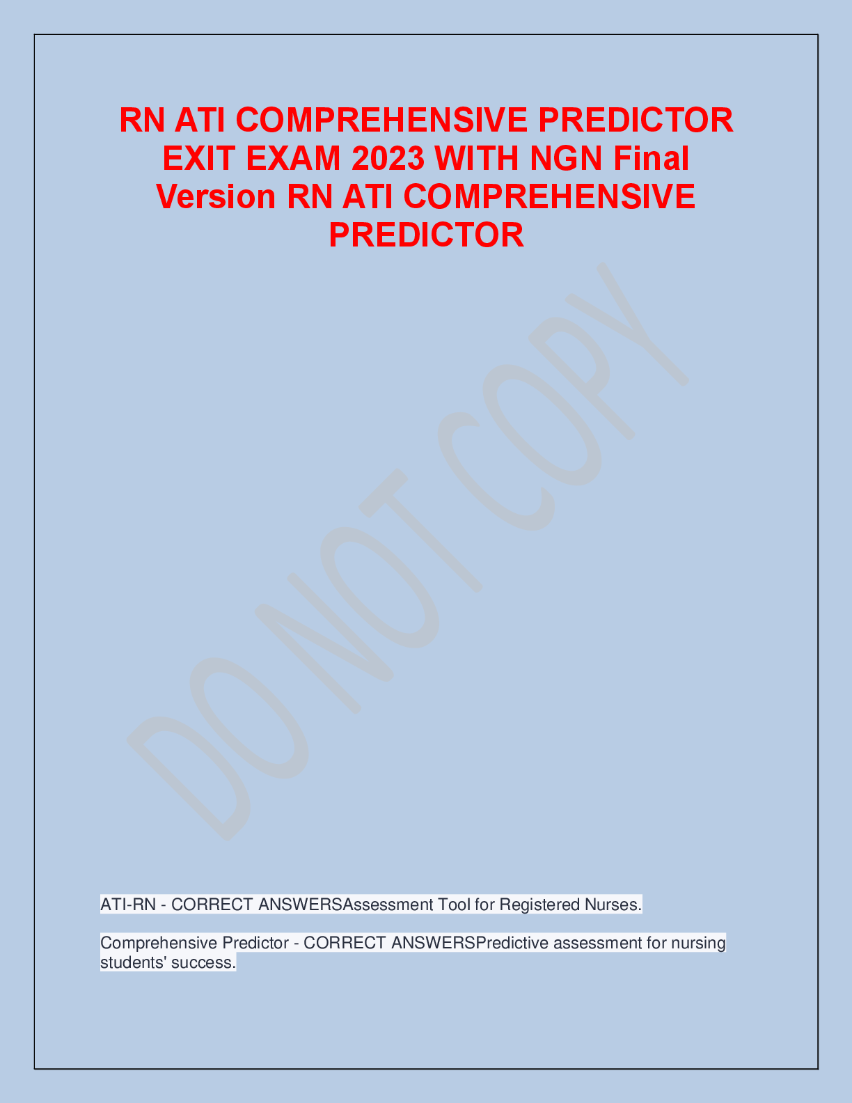Preview of RN ATI COMPREHENSIVE PREDICTOR  EXIT EXAM 2023 WITH NGN Final  Version RN ATI COMPREHENSIV