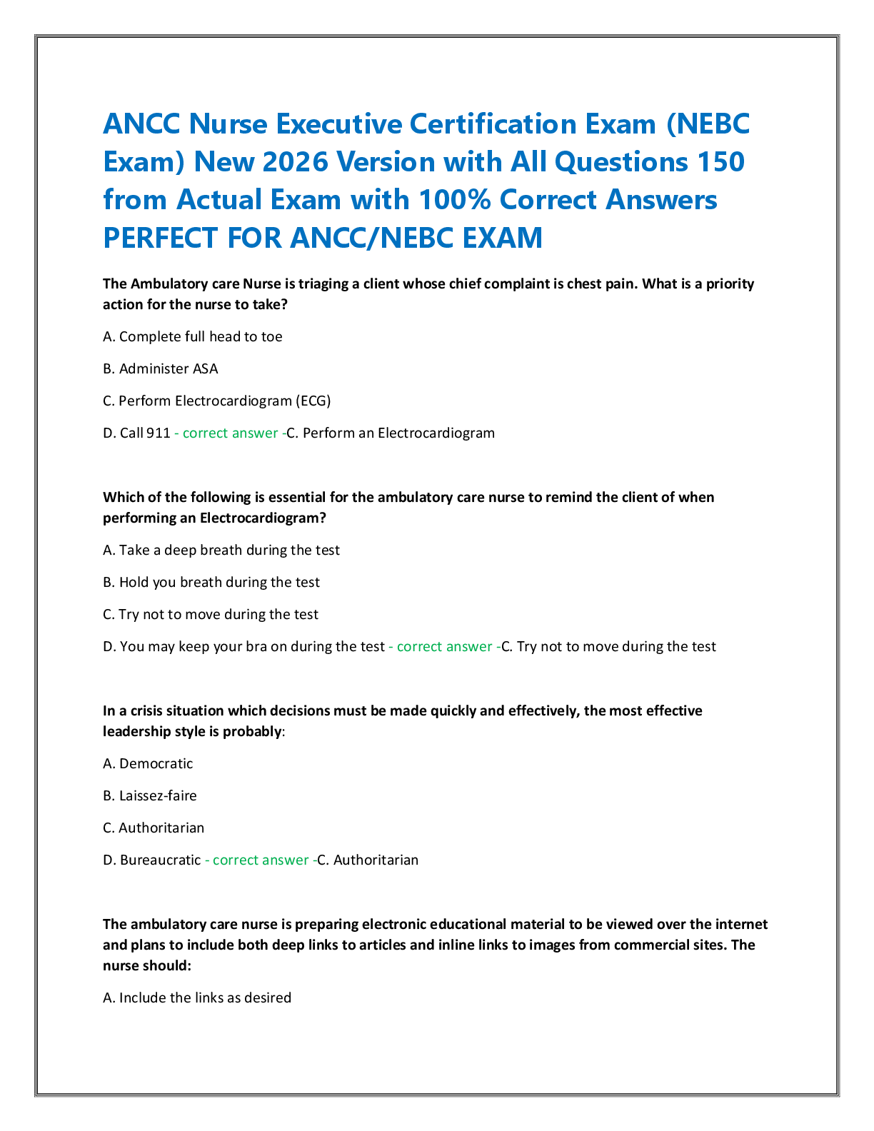 Recommended document preview for ANCC Nurse Executive Certification Exam (NEBC  Exam) New 2026 Version with All Questions 150  from Actual Exam with 100% Correct Answers  PERFECT FOR ANCC/NEBC EXAM