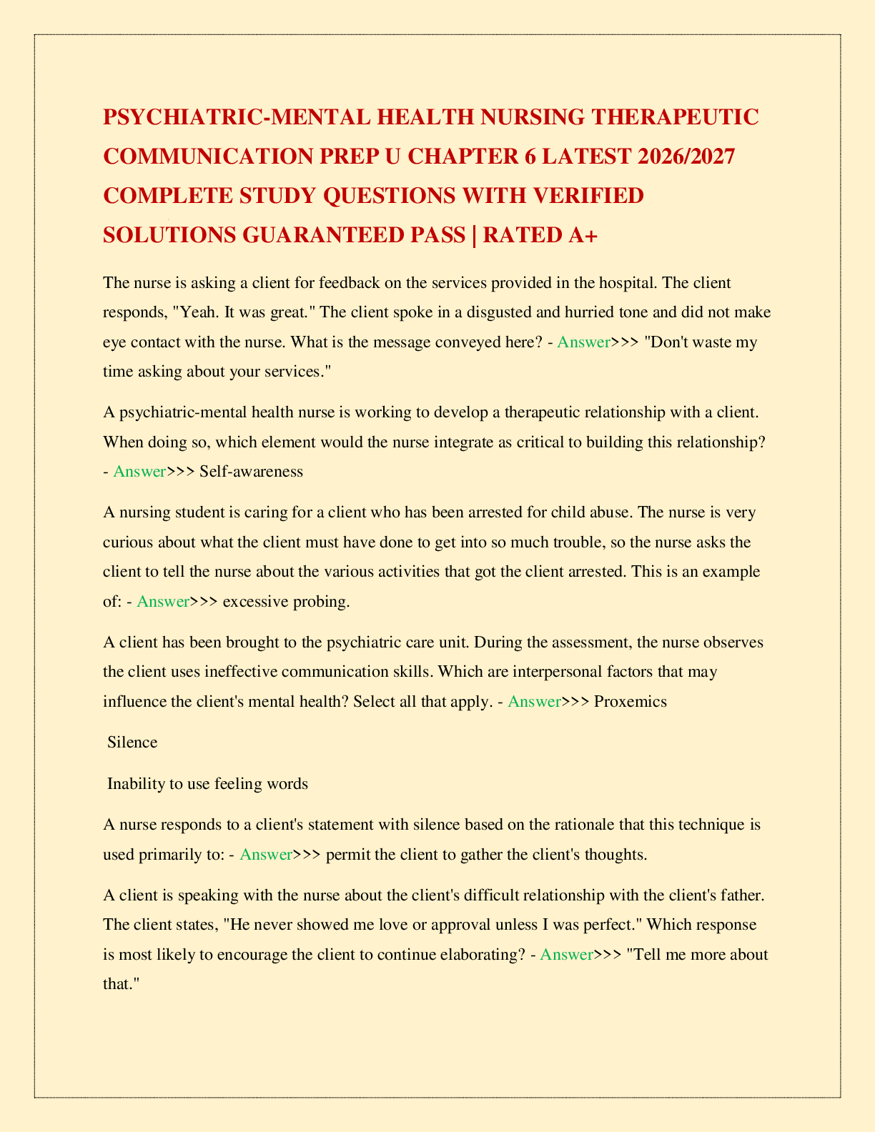 Recommended document preview for PSYCHIATRIC-MENTAL HEALTH NURSING THERAPEUTIC COMMUNICATION PREP U CHAPTER 6 LATEST 2026/2027 COMPLETE STUDY QUESTIONS WITH VERIFIED SOLUTIONS GUARANTEED PASS | RATED A+