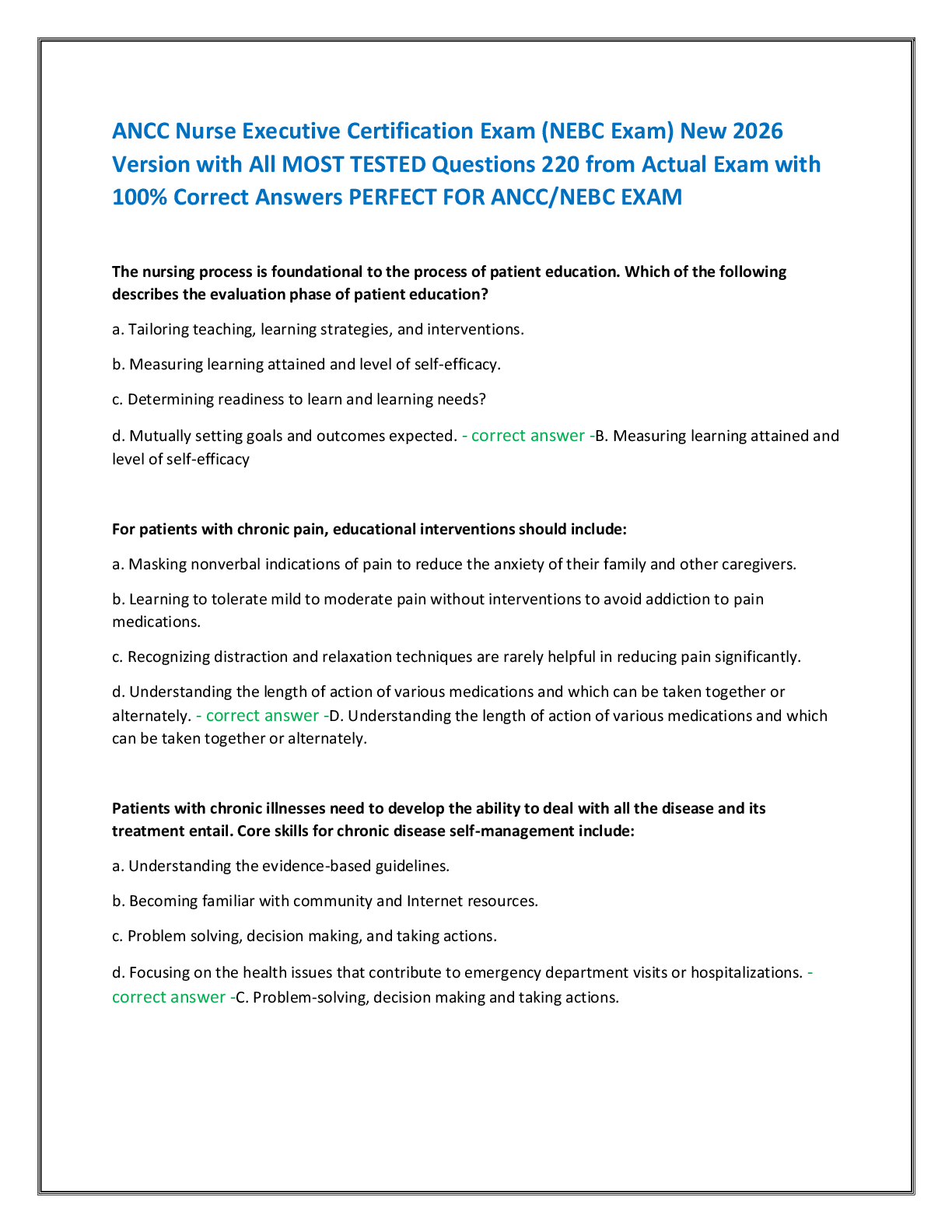 Recommended document preview for ANCC Nurse Executive Certification Exam (NEBC Exam) New 2026  Version with All MOST TESTED Questions 220 from Actual Exam with  100% Correct Answers PERFECT FOR ANCC/NEBC EXAM