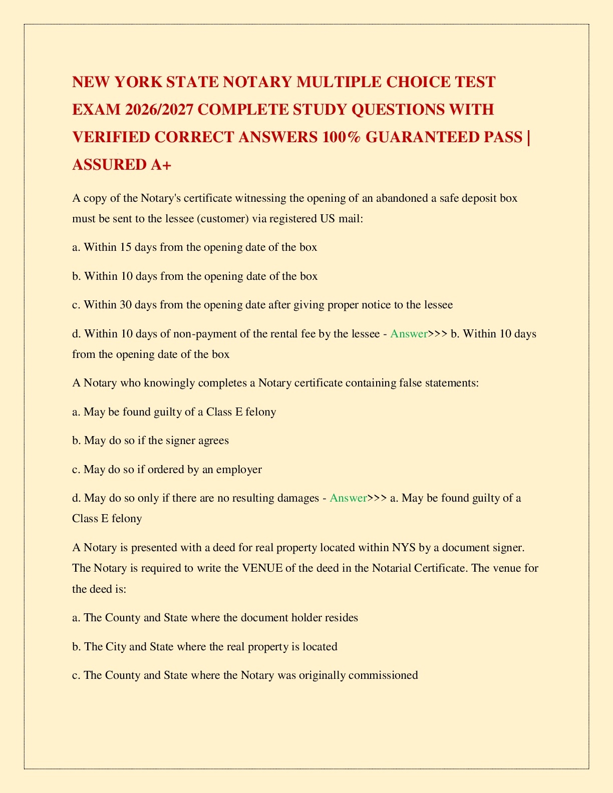 Recommended document preview for NEW YORK STATE NOTARY MULTIPLE CHOICE TEST EXAM 2026/2027 COMPLETE STUDY QUESTIONS WITH VERIFIED CORRECT ANSWERS 100% GUARANTEED PASS | ASSURED A+