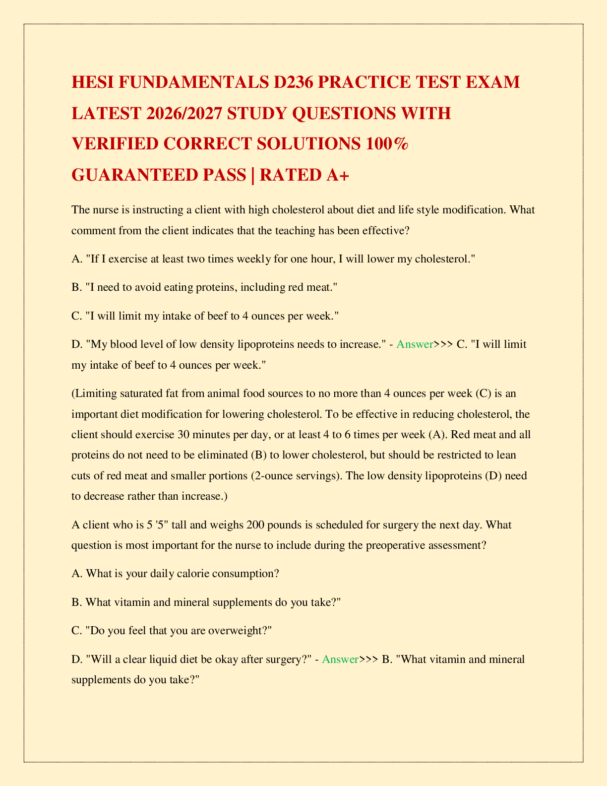 HESI FUNDAMENTALS D236 PRACTICE TEST EXAM LATEST 2026/2027 STUDY QUESTIONS WITH VERIFIED CORRECT SOLUTIONS 100% GUARANTEED PASS | RATED A+
