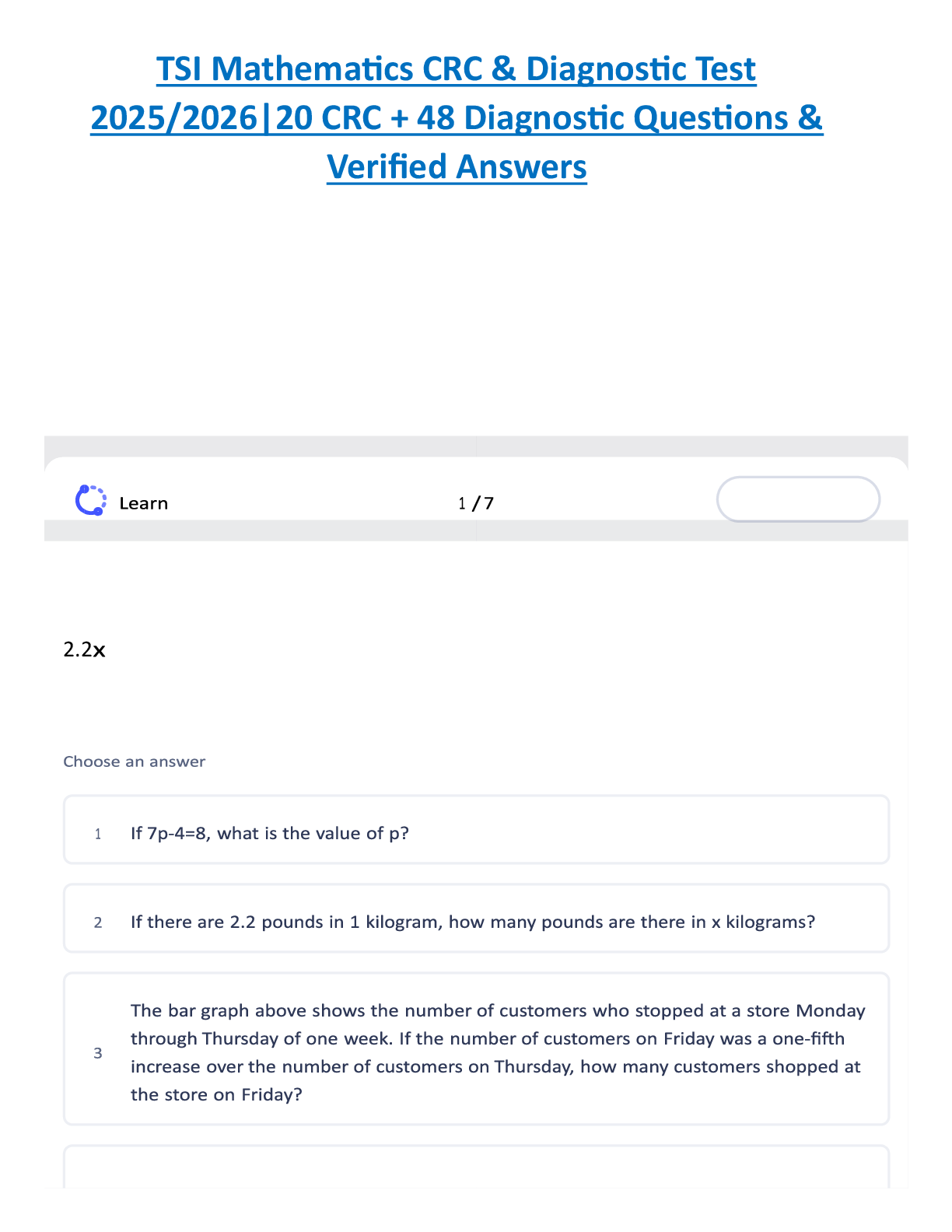 Recommended document preview for TSI Mathematics CRC & Diagnostic Test  2025/2026|20 CRC + 48 Diagnostic Questions &  Verified Answers