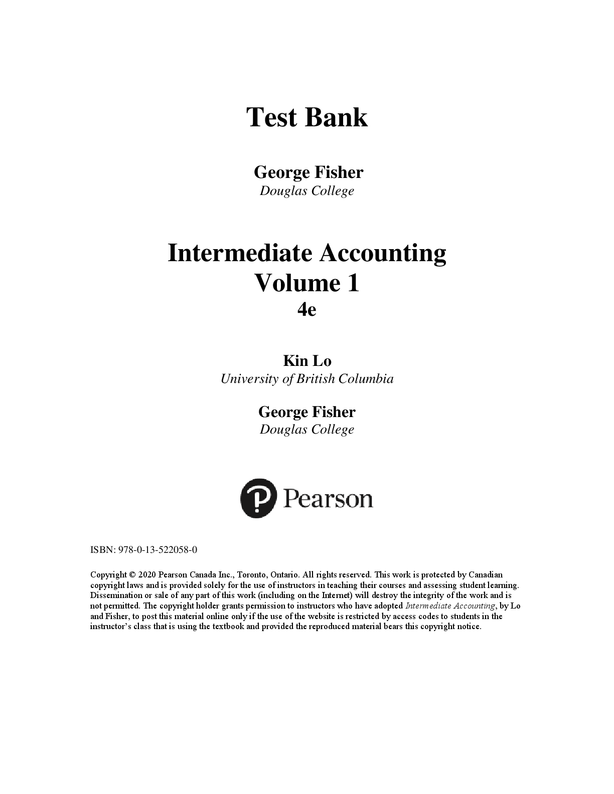 Preview of Test Bank For Intermediate Accounting Volume 1, 4Th Edition By Kin Lo, George Fisher
