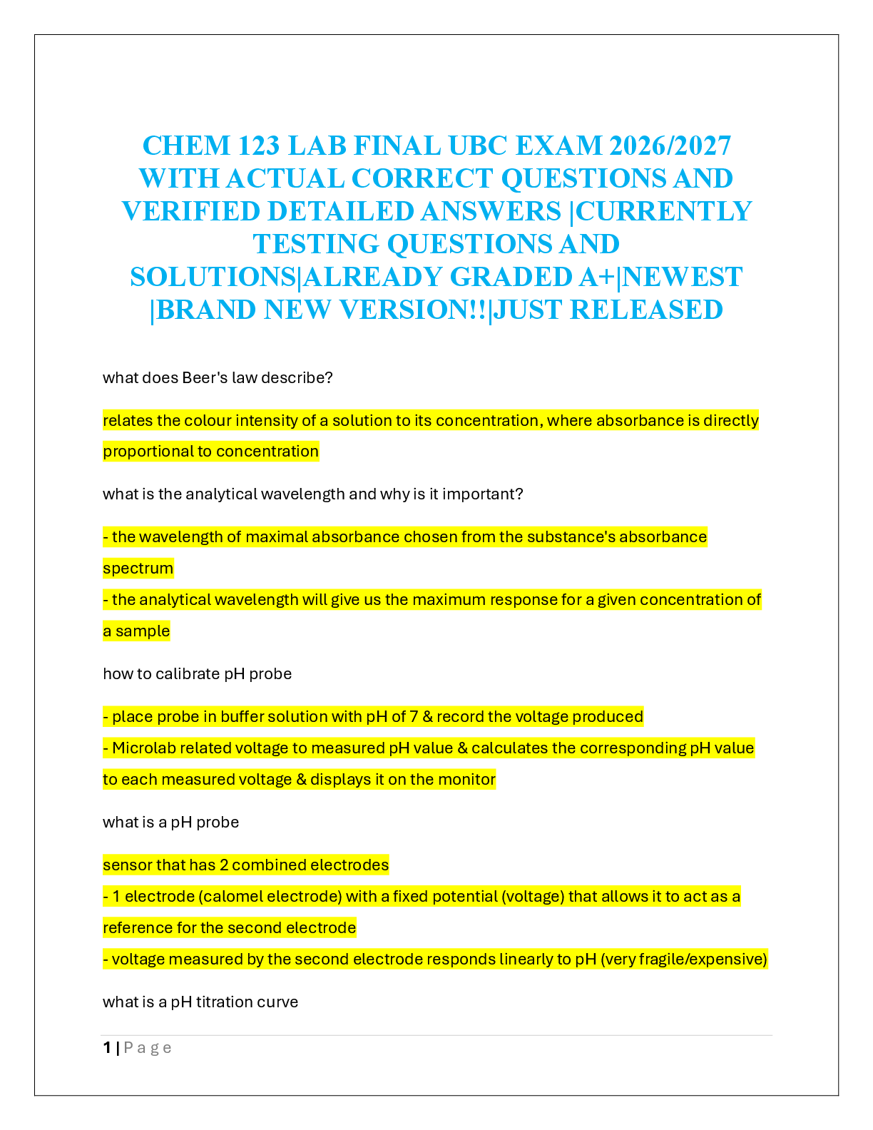 Recommended document preview for CHEM 123 LAB FINAL UBC EXAM 2026/2027
