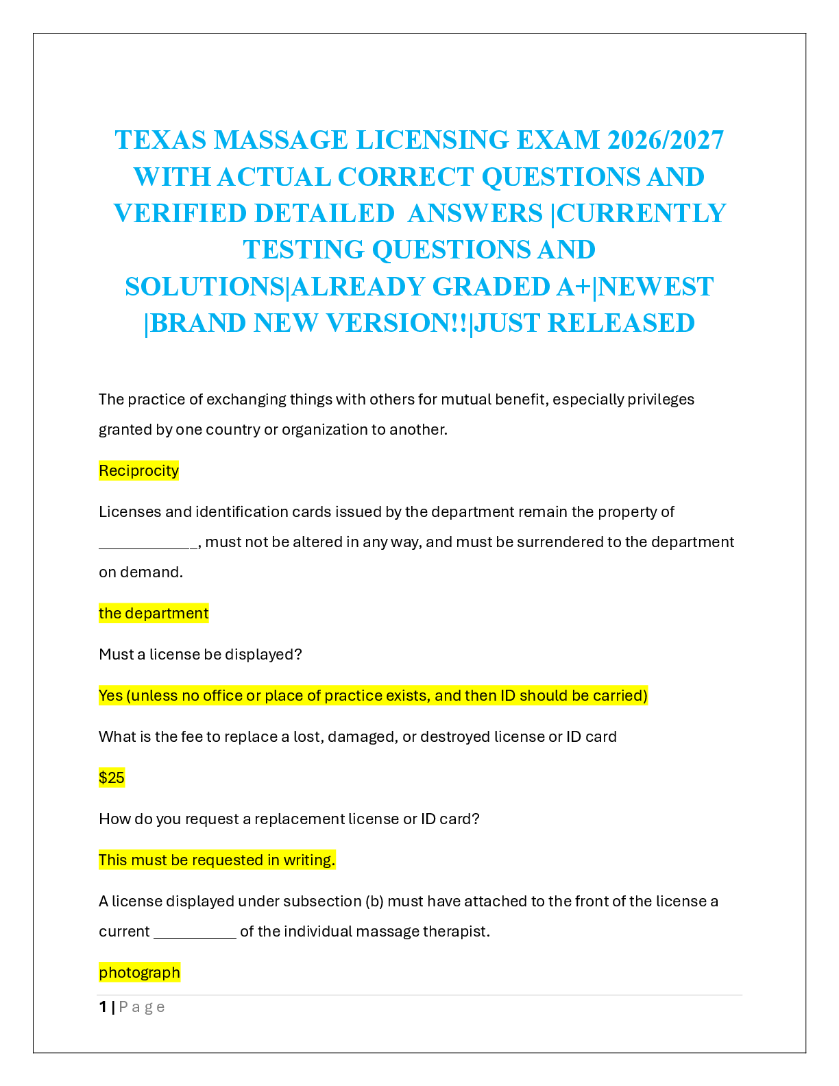 Recommended document preview for TEXAS MASSAGE LICENSING EXAM 2026/2027