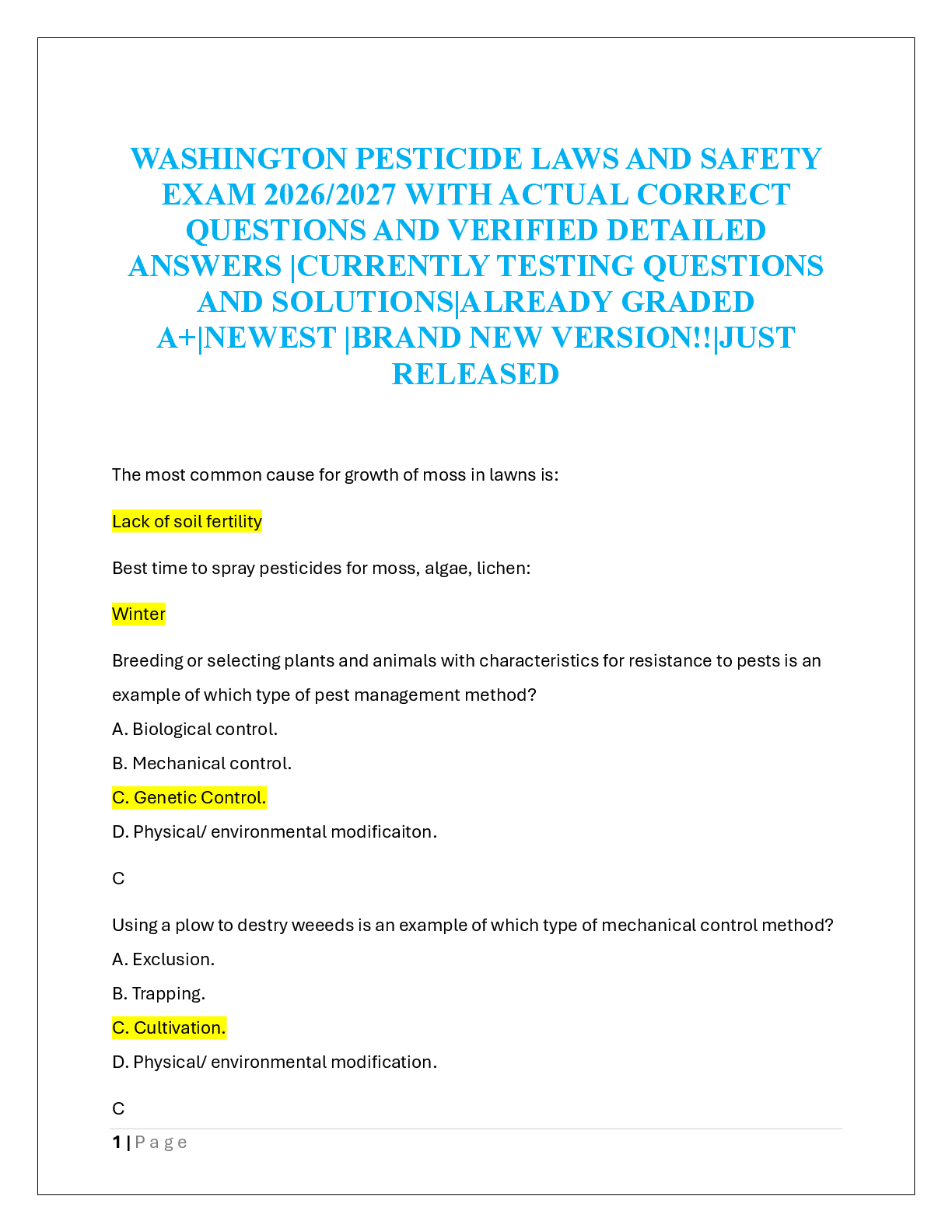 Recommended document preview for WASHINGTON PESTICIDE LAWS AND SAFETY  EXAM 2026/2027