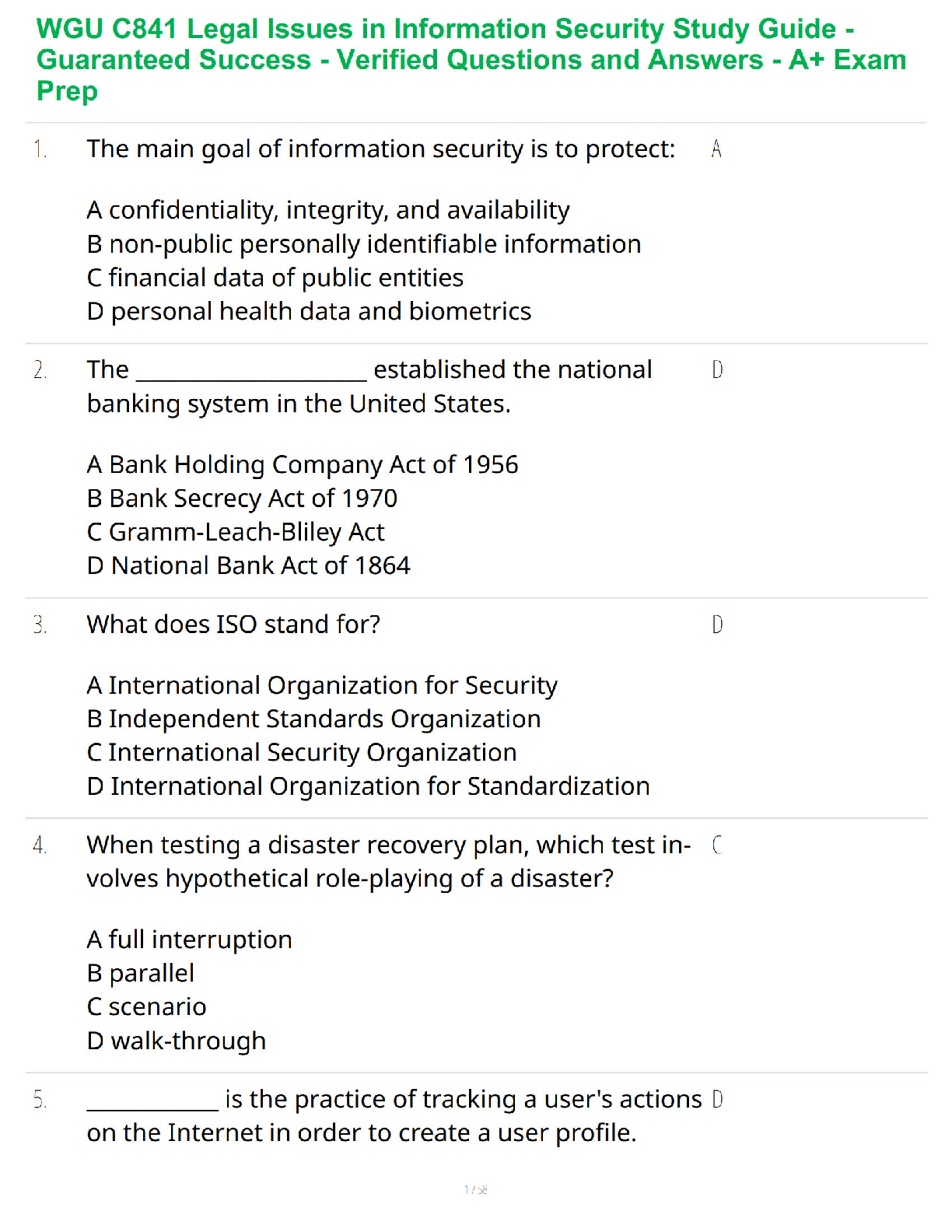 Recommended document preview for WGU C841 Legal Issues in Information Security Study Guide - Guaranteed Success - Verified Questions and Answers - A+ Exam Prep