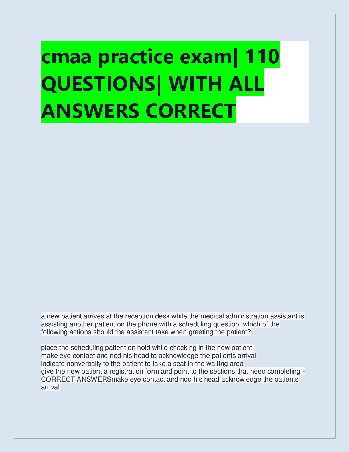 Recommended document preview for cmaa practice exam| 110  QUESTIONS| WITH ALL  ANSWERS CORRECT