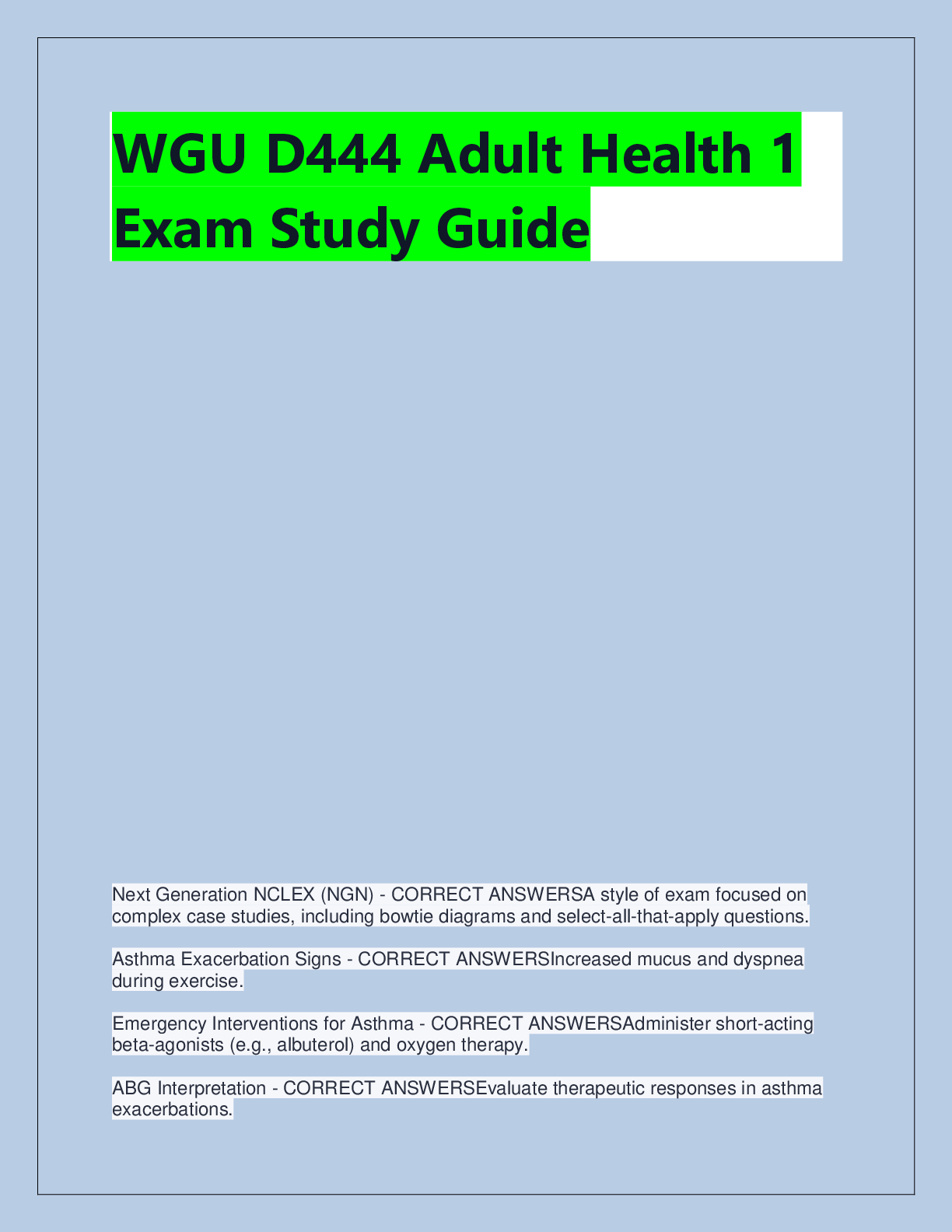 Preview of WGU D444 Adult Health 1  Exam Study Guide