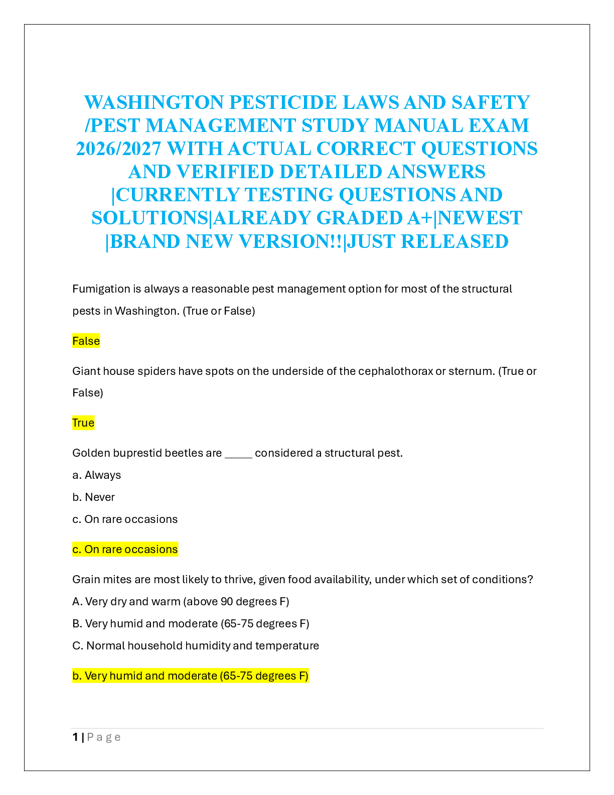Recommended document preview for WASHINGTON PESTICIDE LAWS AND SAFETY  /PEST MANAGEMENT STUDY MANUAL EXAM  2026/2027
