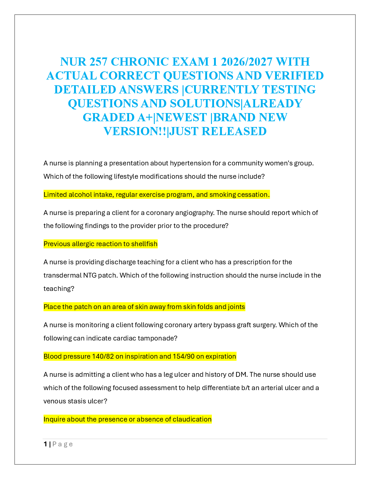 Recommended document preview for NUR 257 CHRONIC EXAM 1 2026/2027