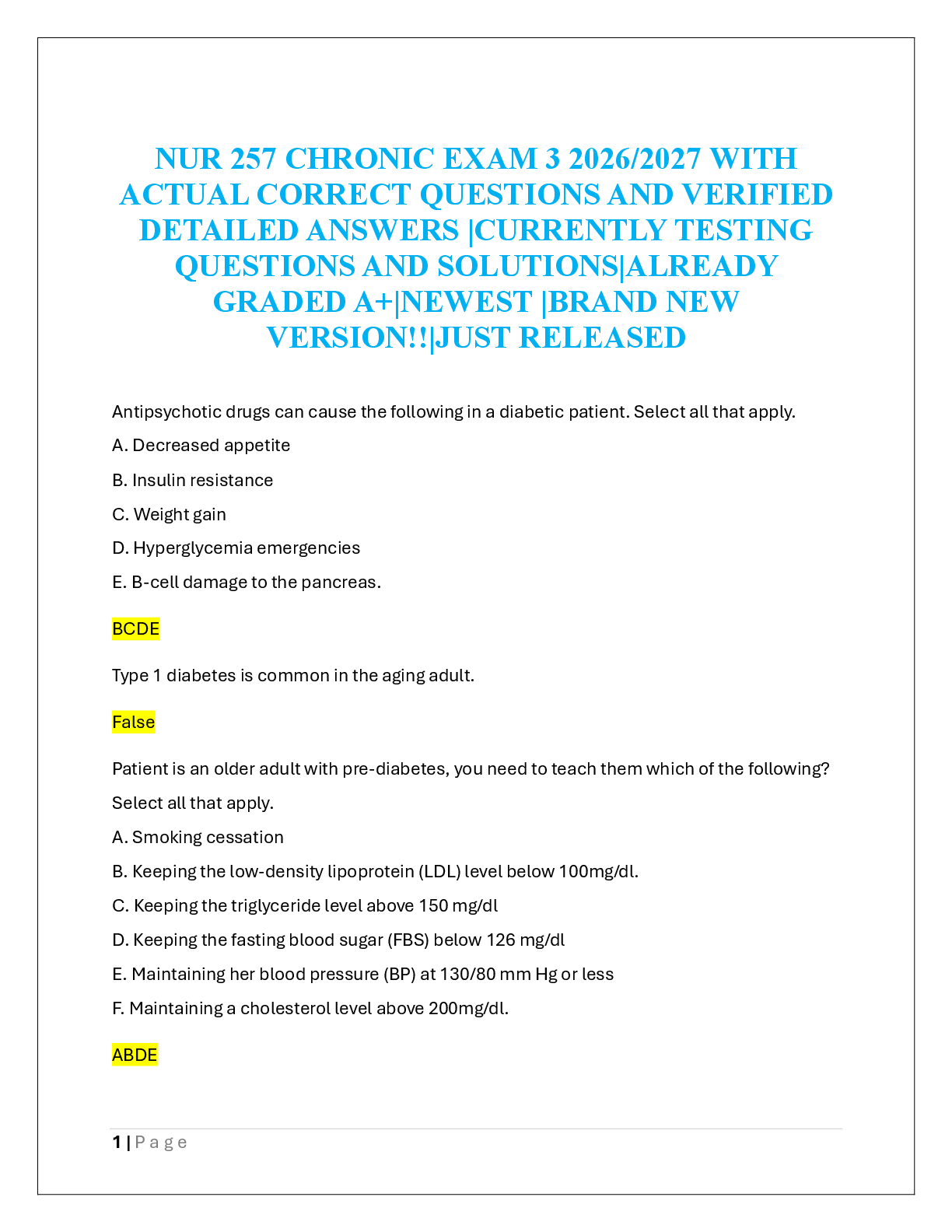 Recommended document preview for NUR 257 CHRONIC EXAM 3 2026/2027