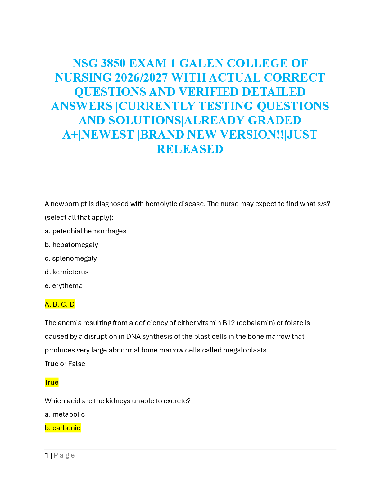 Recommended document preview for NSG 3850 EXAM 1 GALEN COLLEGE OF  NURSING 2026/2027