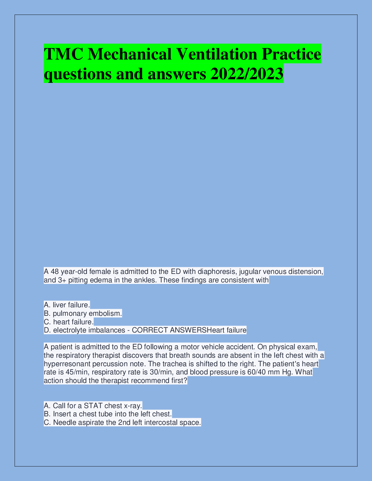 Preview of TMC Mechanical Ventilation Practice  questions and answers 2022/2023