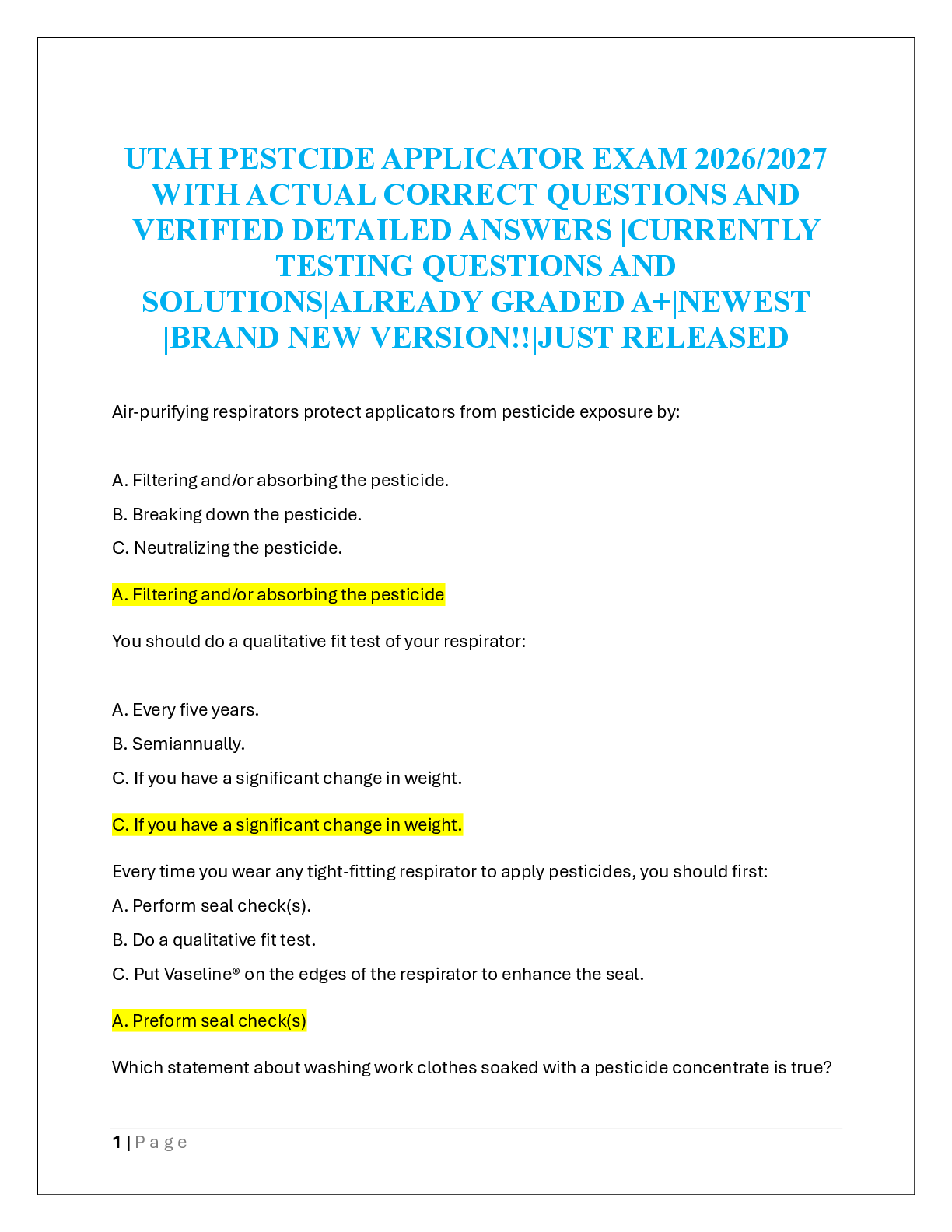 Recommended document preview for UTAH PESTCIDE APPLICATOR EXAM 2026/2027