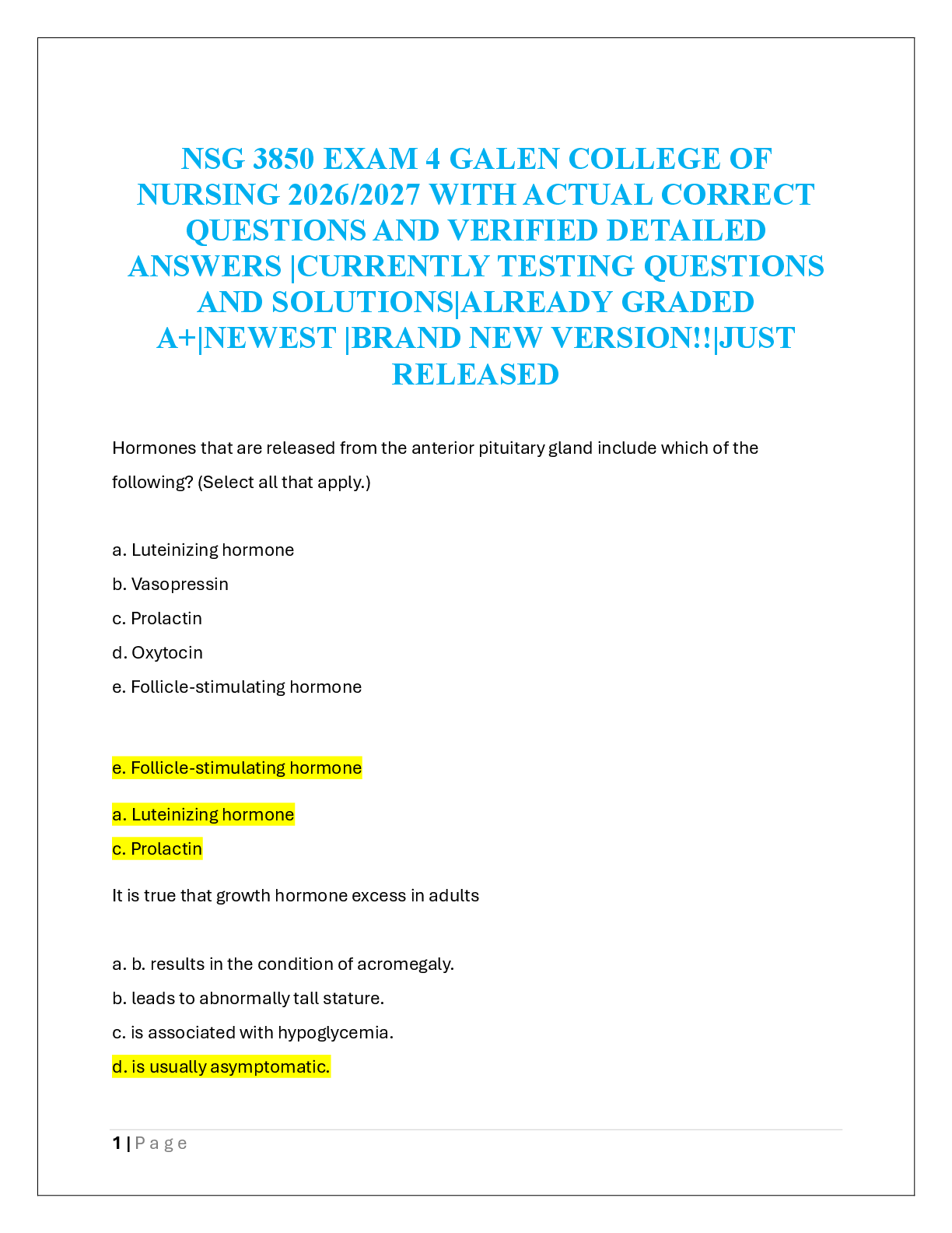 Recommended document preview for NSG 3850 EXAM 4 GALEN COLLEGE OF  NURSING 2026/2027