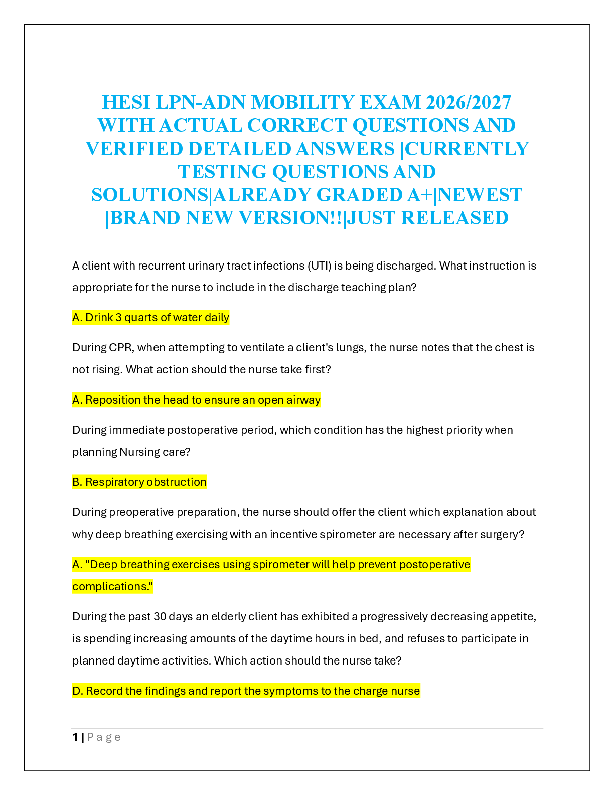 Recommended document preview for HESI LPN-ADN MOBILITY EXAM 2026/2027