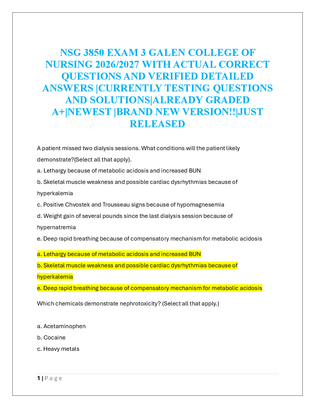 Recommended document preview for NSG 3850 EXAM 3 GALEN COLLEGE OF  NURSING 2026/2027