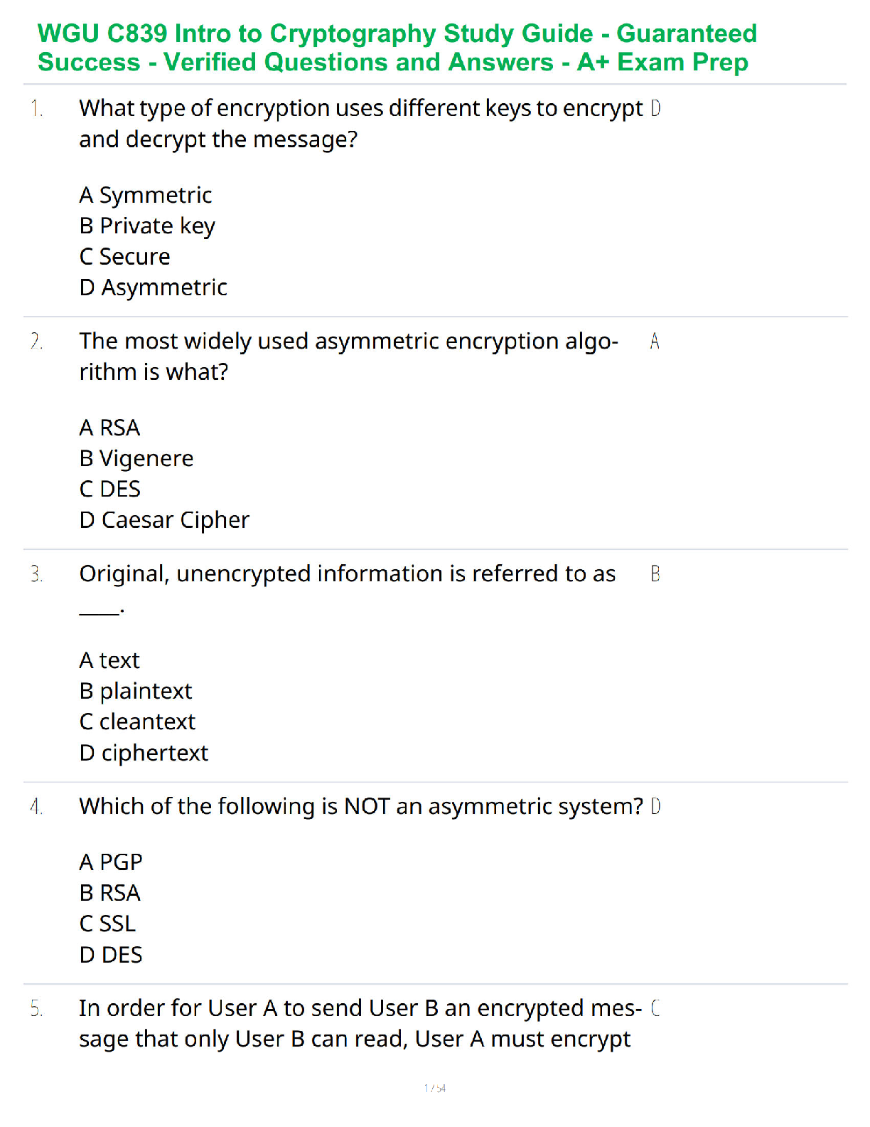 WGU Course C839 Intro to Cryptography Study Guide - Guaranteed Success - Verified Questions and Answers - A+ Exam Prep