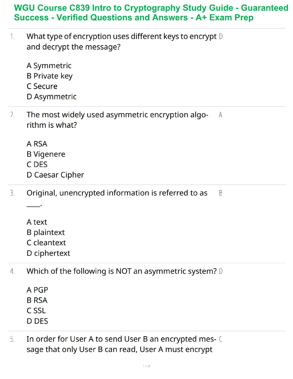 WGU C839 Intro to Cryptography Study Guide - Guaranteed Success - Verified Questions and Answers - A+ Exam Prep