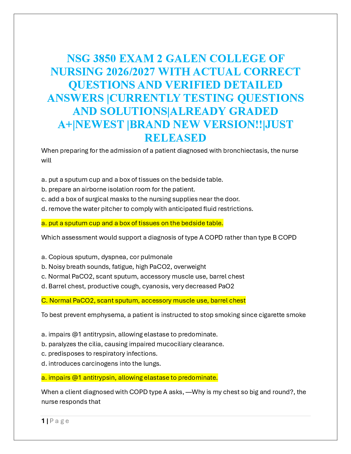 NSG 3850 EXAM 2 GALEN COLLEGE OF  NURSING 2026/2027