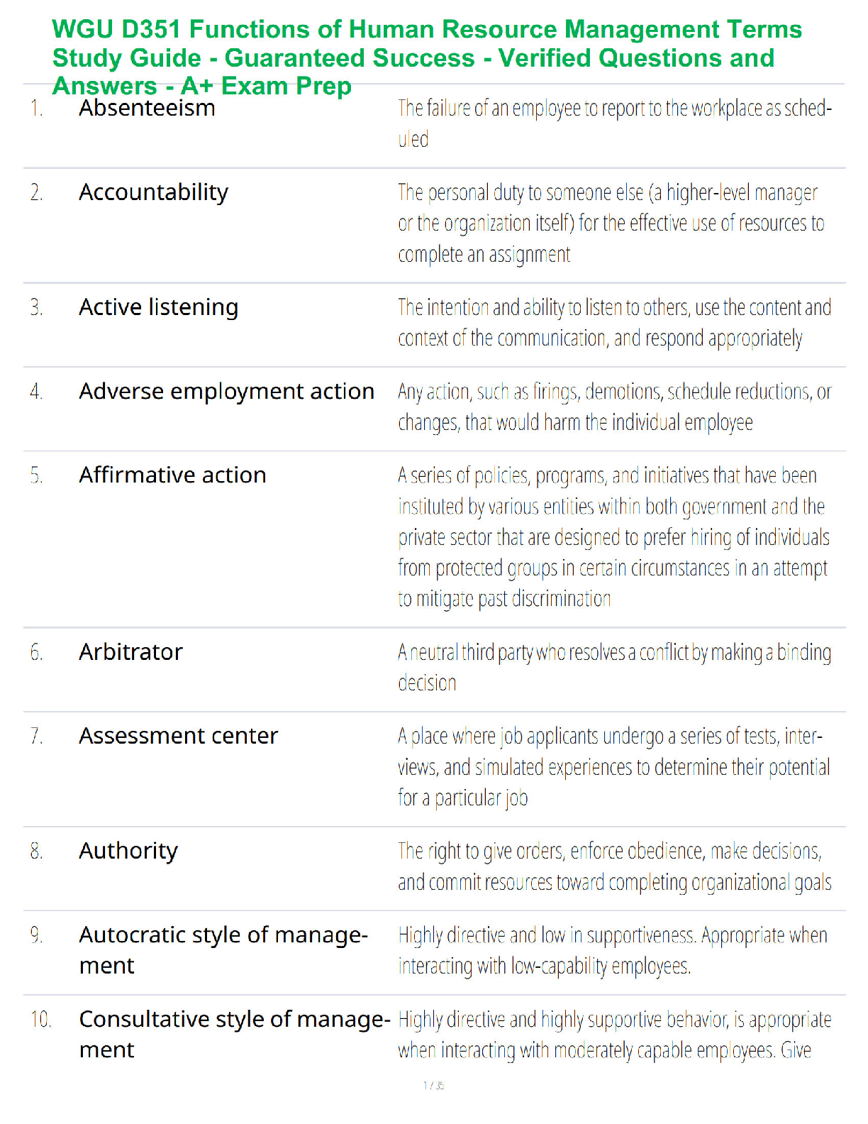 Recommended document preview for WGU D351 Functions of Human Resource Management Terms Study Guide - Guaranteed Success - Verified Questions and Answers - A+ Exam Prep