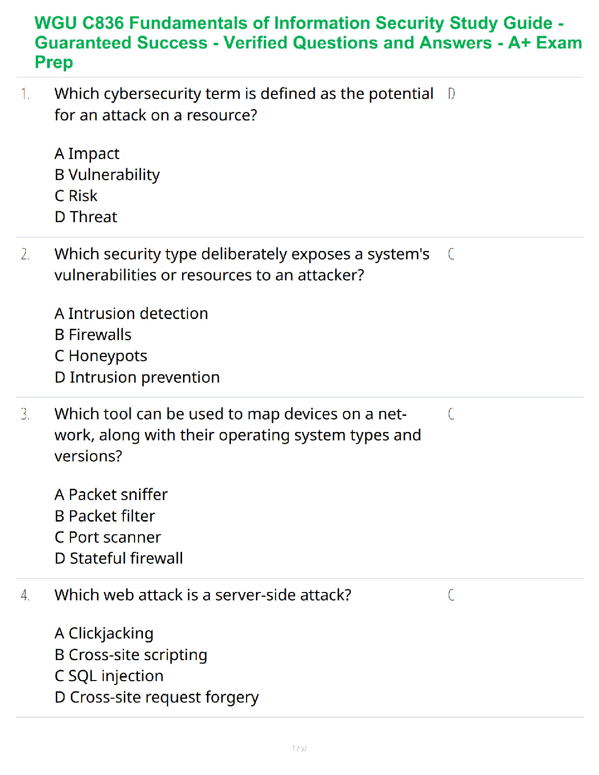 WGU C836 Fundamentals of Information Security Study Guide - Guaranteed Success - Verified Questions and Answers - A+ Exam Prep