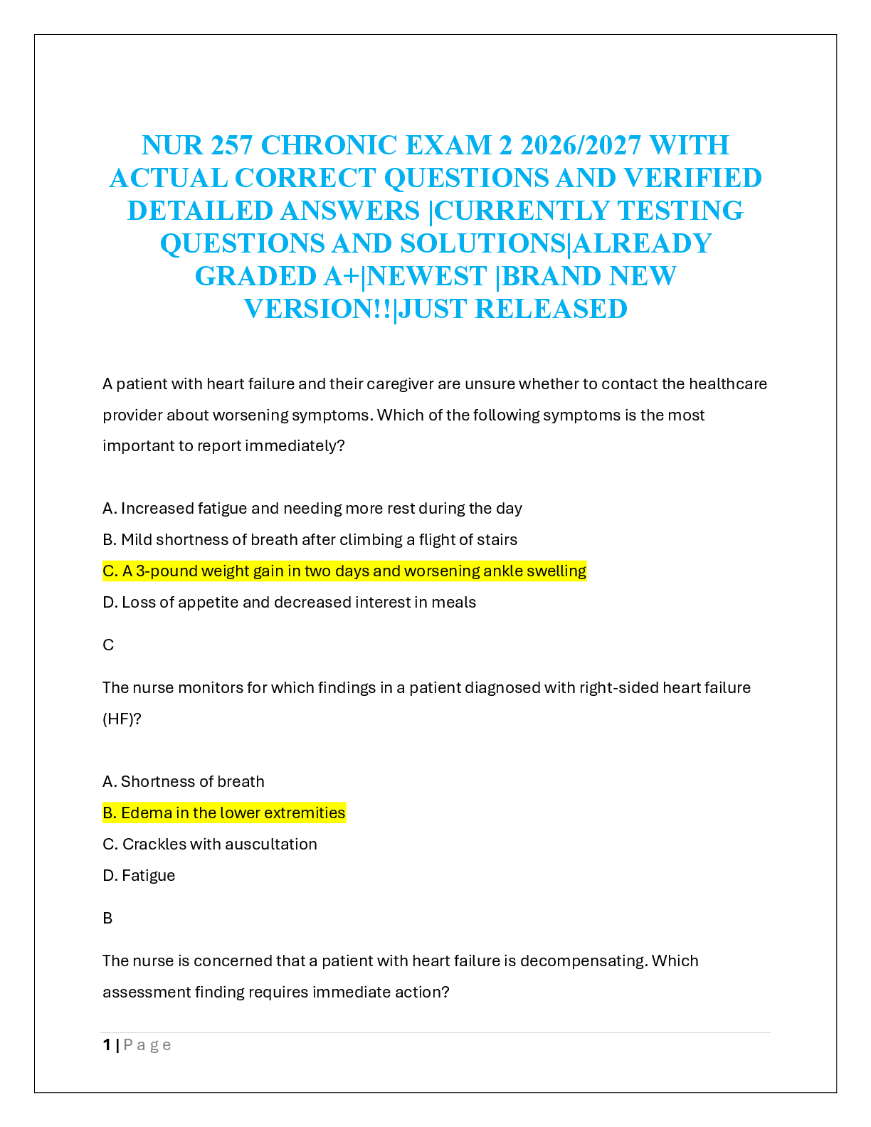 Recommended document preview for NUR 257 CHRONIC EXAM 2 2026/2027