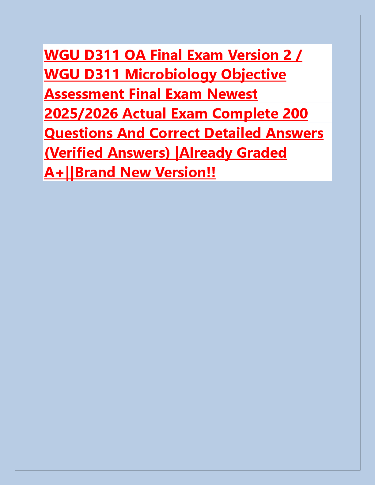Recommended document preview for WGU D311 OA Final Exam Version 2 /  WGU D311 Microbiology Objective  Assessment Final Exam Newest  2025/2026 Actual Exam Complete 200  Questions And Correct Detailed Answers  (Verified Answers) |Already Graded  A+||Brand New Version!!