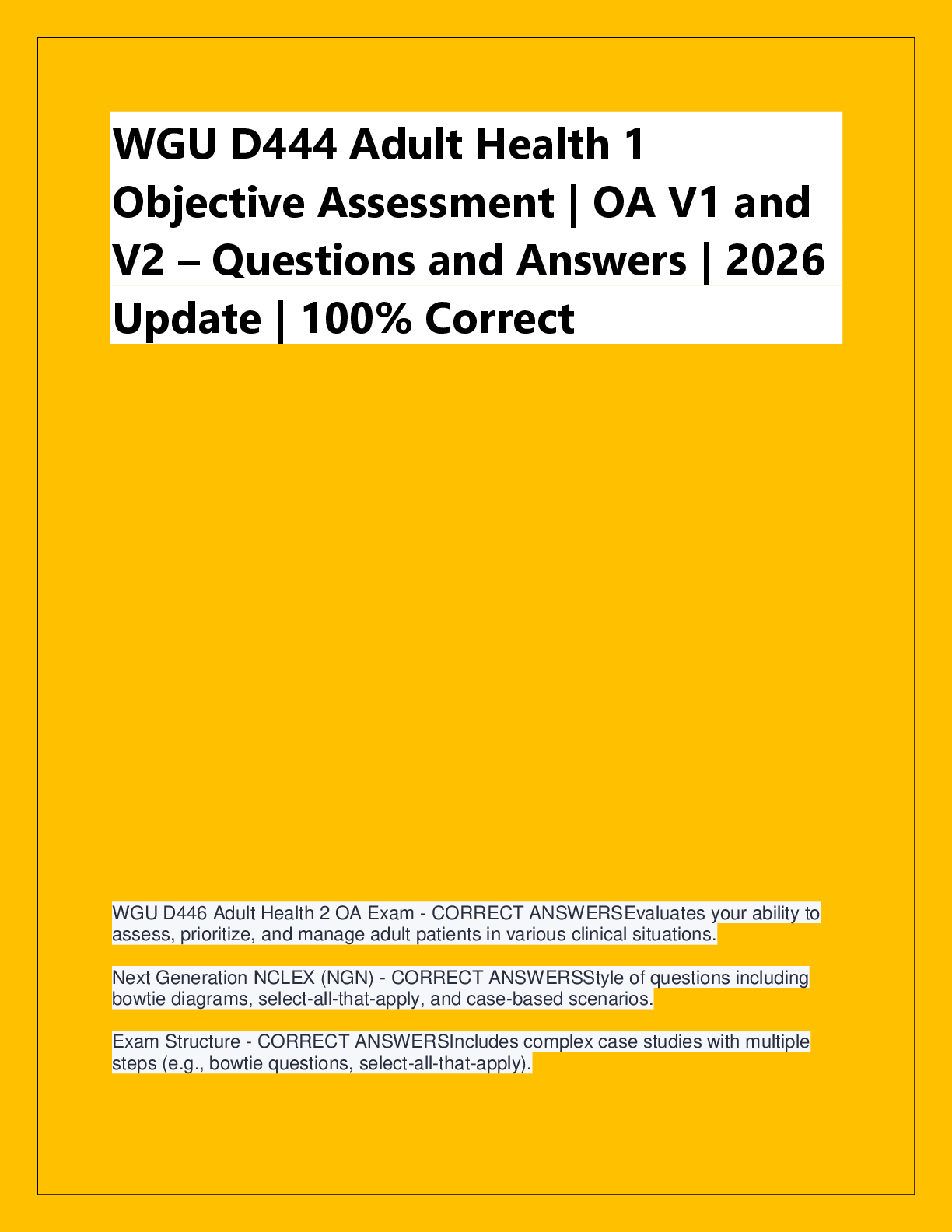 Recommended document preview for WGU D444 Adult Health 1  Objective Assessment | OA V1 and  V2 – Questions and Answers | 2026  Update | 100% Correct