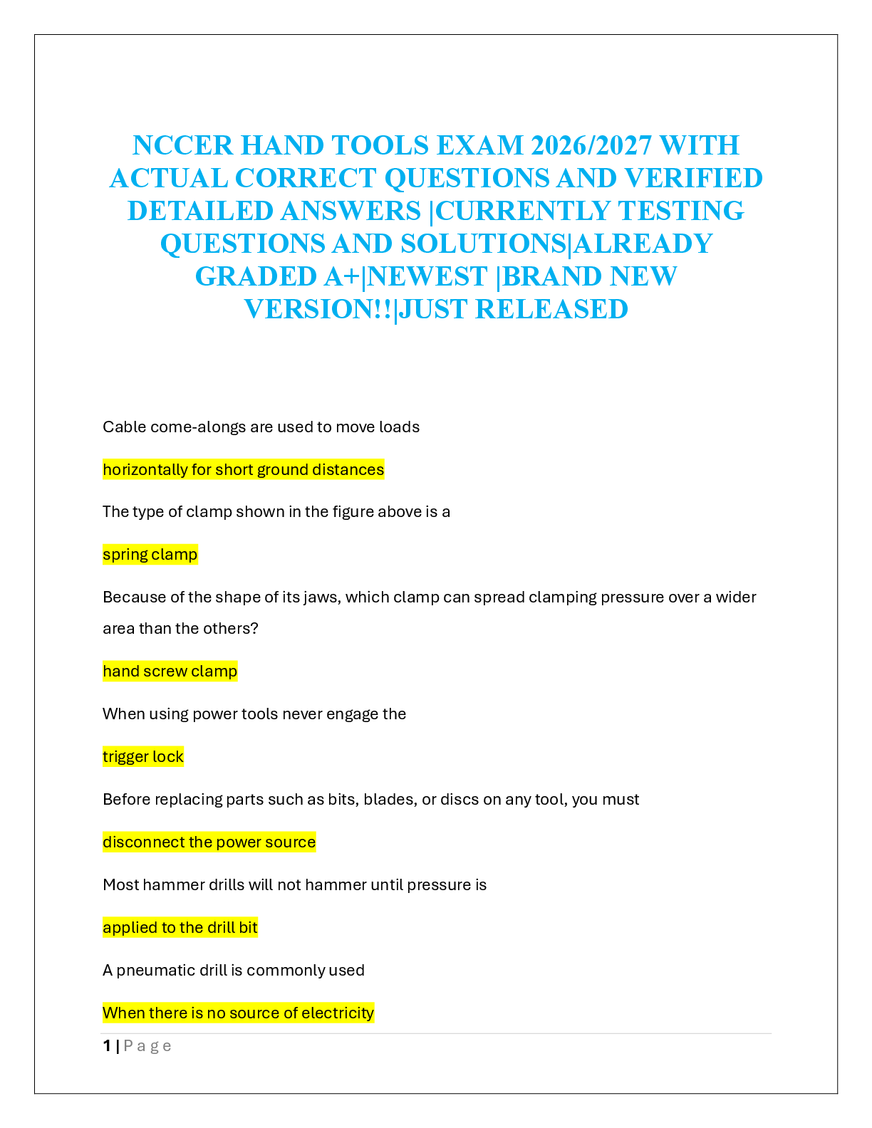 Recommended document preview for NCCER HAND TOOLS EXAM 2026/2027