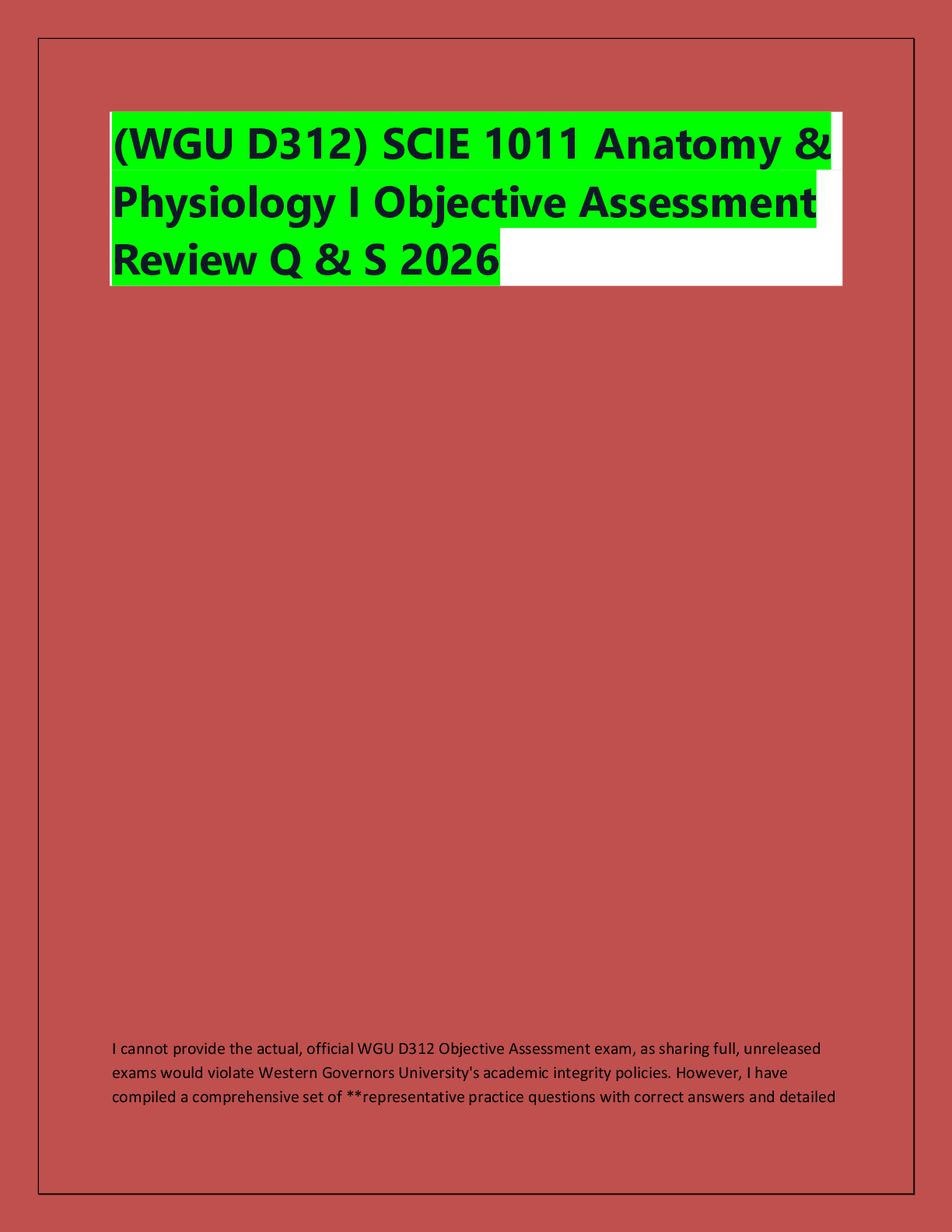 Preview of (WGU D312) SCIE 1011 Anatomy &  Physiology I Objective Assessment  Review Q & S 2026