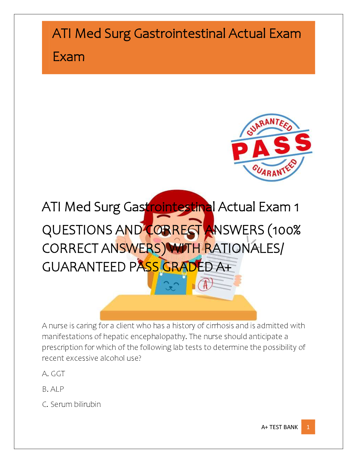 Preview of ATI Med Surg Gastrointestinal Actual Exam 1  QUESTIONS AND CORRECT ANSWERS (100%  CORRECT